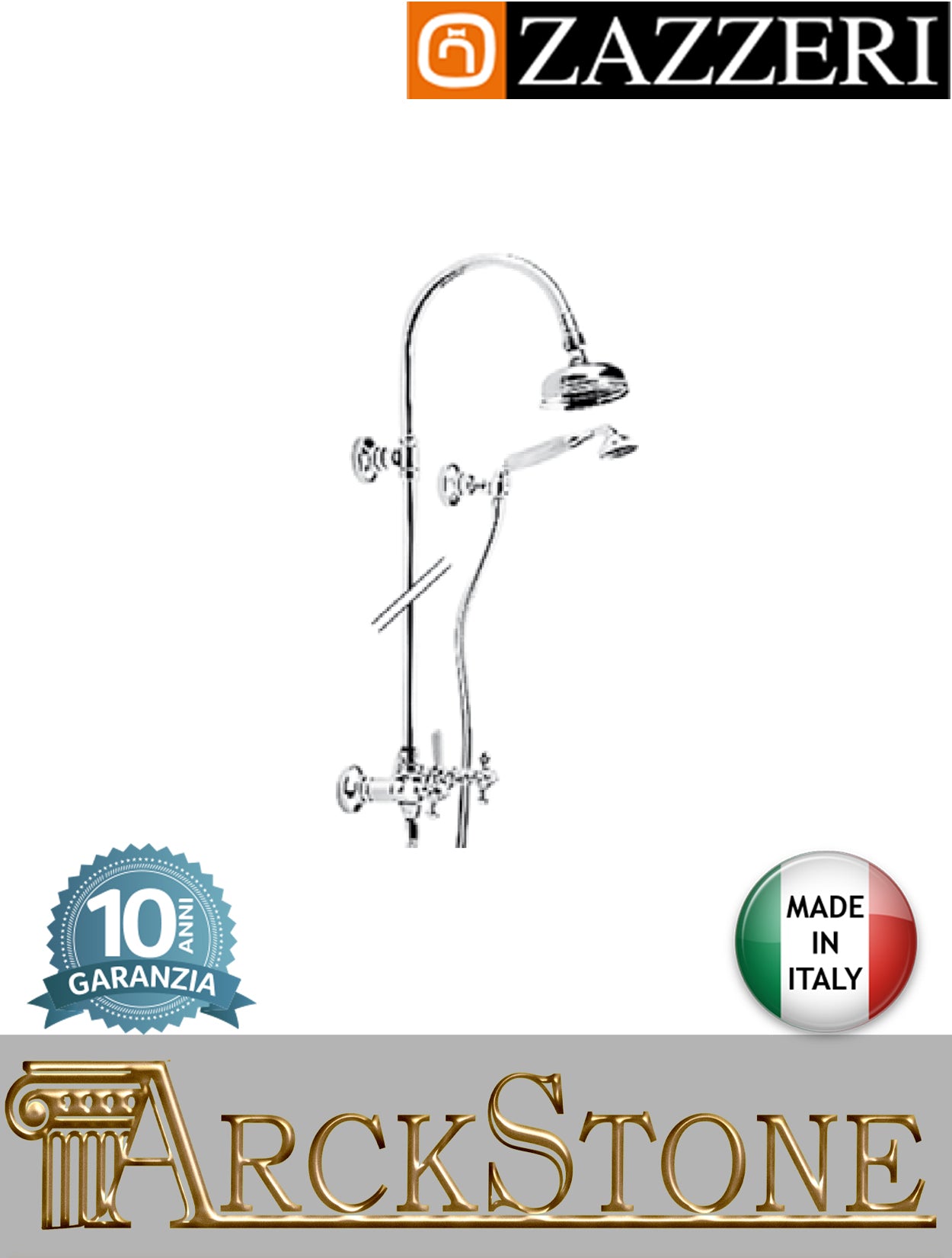 Colonna doccia marca Zazzeri modello 800 finitura ottone cromato soffione tondo Ø120 mm doccetta supporto flessibile attacco vitone tradizionale esterno parete rubinetto rubinetteria muro mix fontana garanzia 10 anni qualità made in italy
