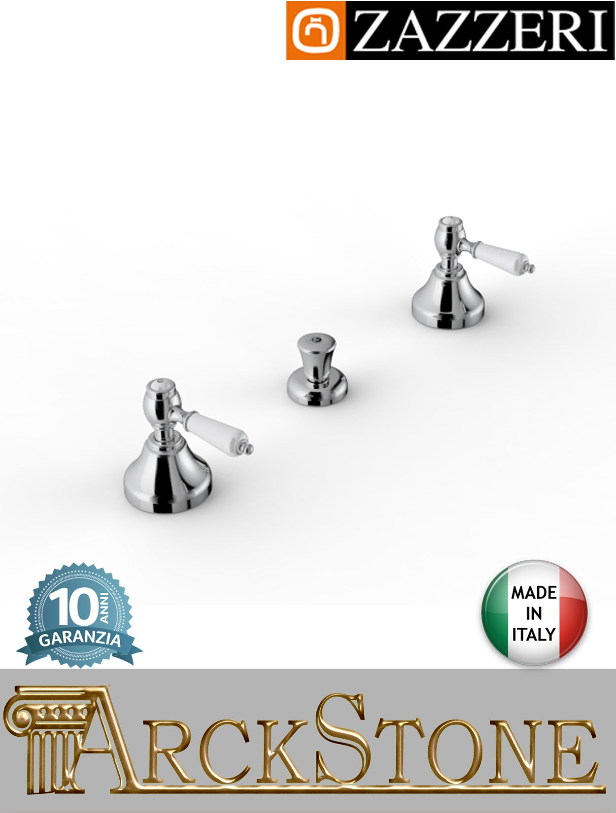 Miscelatore bidet Zazzeri 803 20030201A00 CRCR finitura ottone cromato appoggio tre 3 fori vitone ceramico 90° piletta scarico automatico rubinetto acqua casa rubinetteria mix batteria fontana bagno leva ceramica bianca garanzia 10 anni made in italy