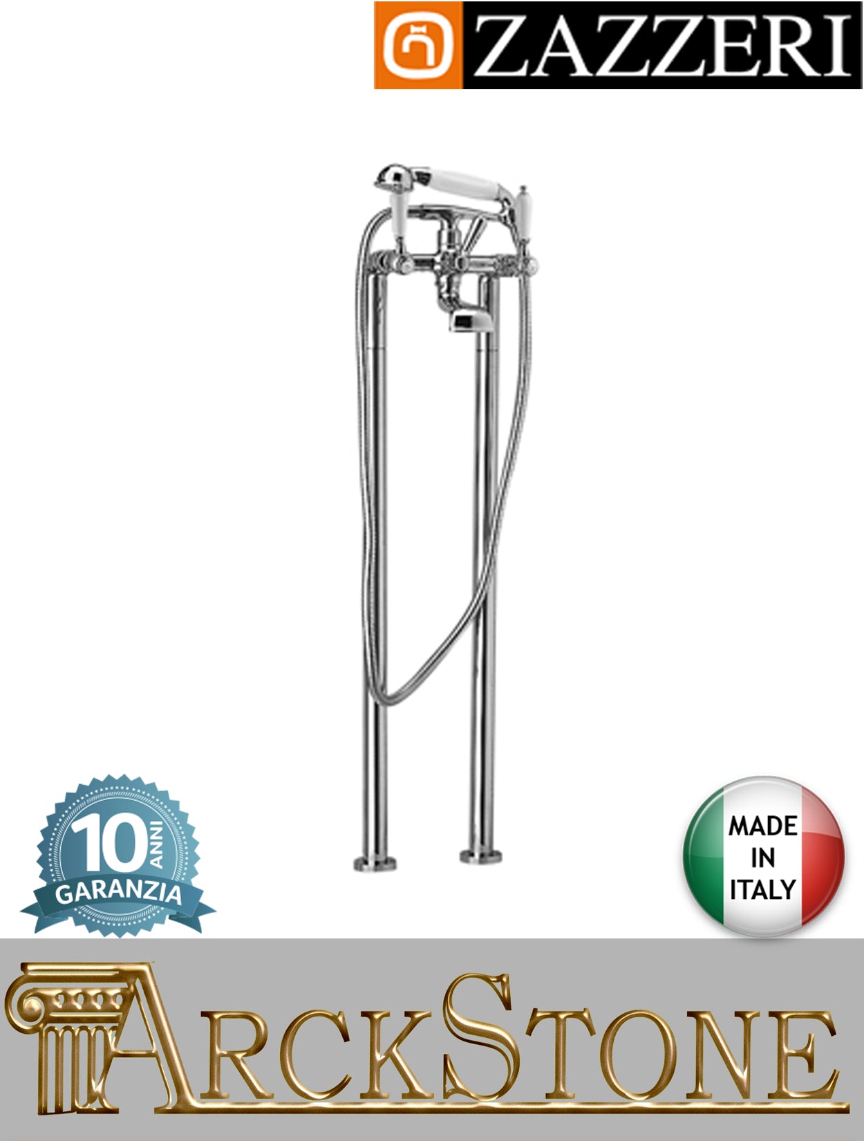 Miscelatore vasca marca Zazzeri modello 803 finitura ottone cromato pavimento tubi doccetta flessibile attacco supporto terra vitone ceramico 90° leva ceramica bianca rubinetto rubinetteria fontana mix acqua garanzia 10 anni qualità made in italy