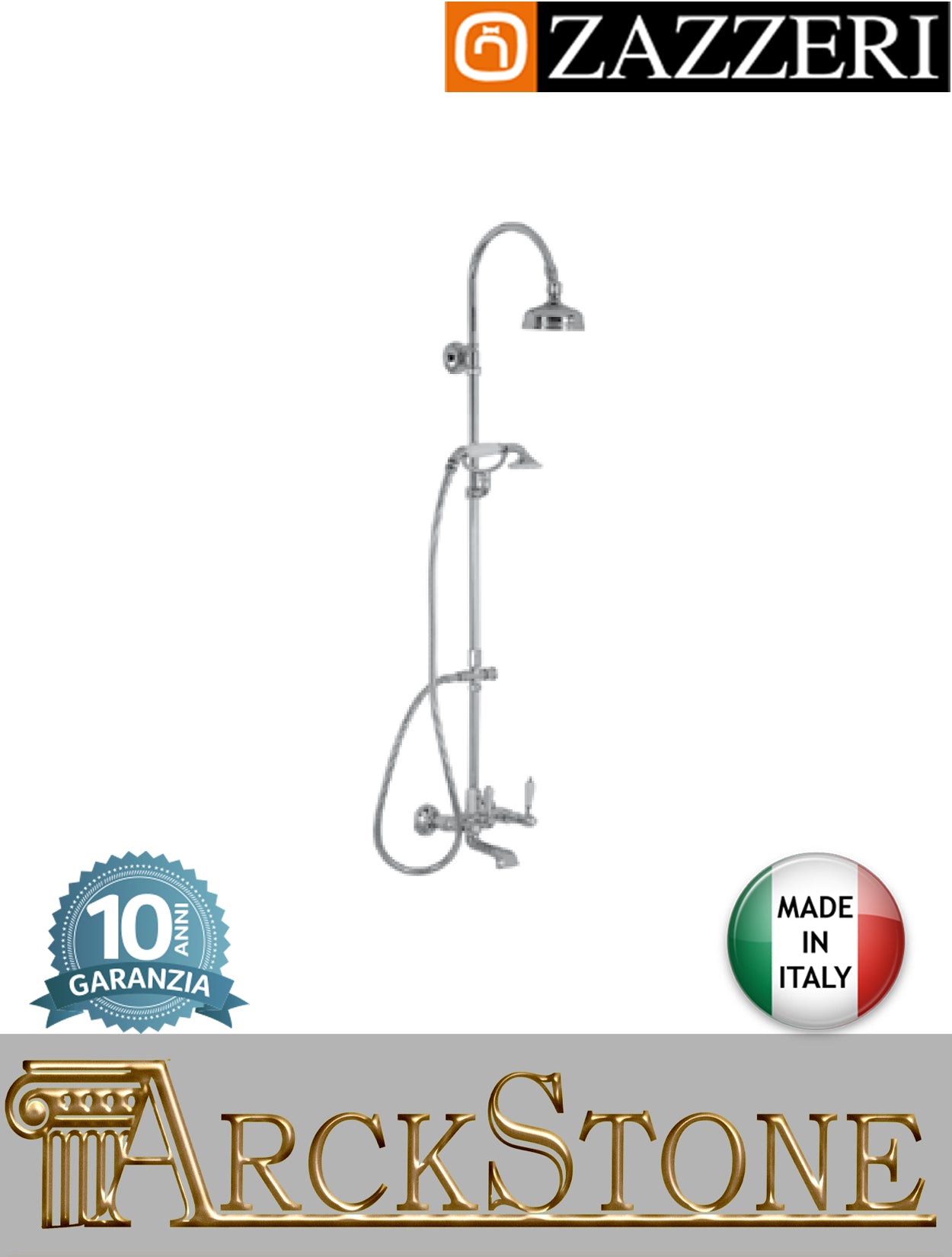 Colonna doccia vasca marca Zazzeri modello 803 finitura ottone cromato parete soffione Ø120 mm doccetta flessibile vitone ceramico 90° rubinetto rubinetteria fontana supporto garanzia 10 anni qualità made in italy