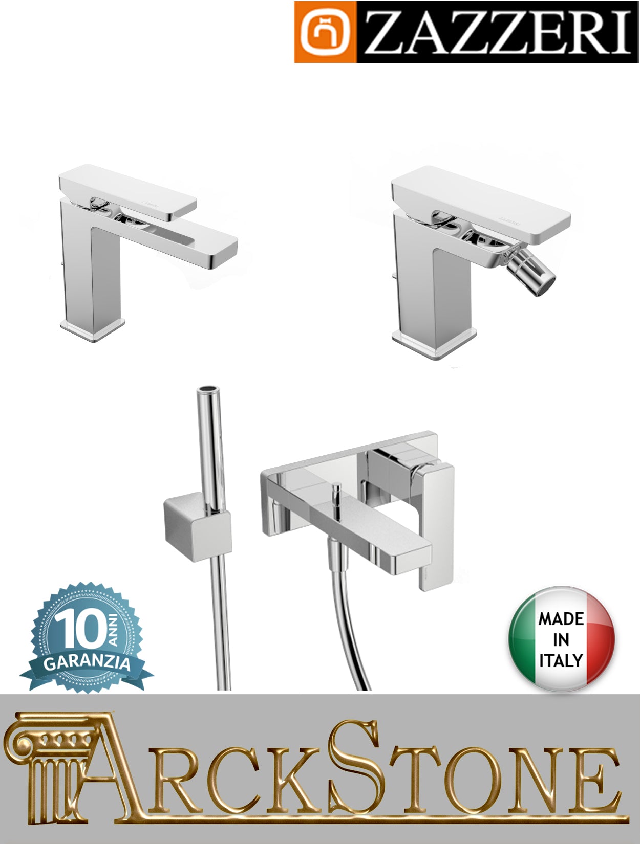 Rubinetteria bagno completa Zazzeri Qquadro finitura ottone cromato miscelatore lavabo bidet vasca deviatore appoggio monoforo parete incasso rubinetto fontana acqua doccetta mano flessibile piletta scarico garanzia 10 anni made in italy