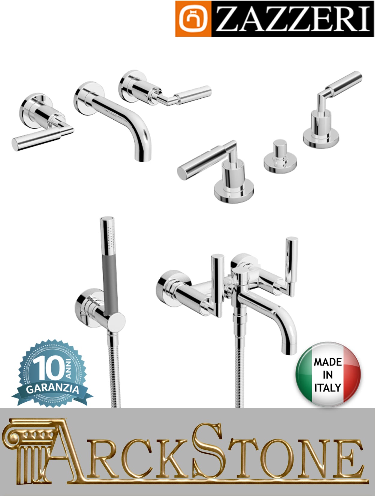 Rubinetteria bagno completa marca Zazzeri modello Da-Da 3 finitura ottone cromato miscelatore lavabo bidet vasca tre fori appoggio collo girevole quadro vitone ceramico 90° piletta scarico parete esterno doccetta flessibile attacco muro deviatore acqua
