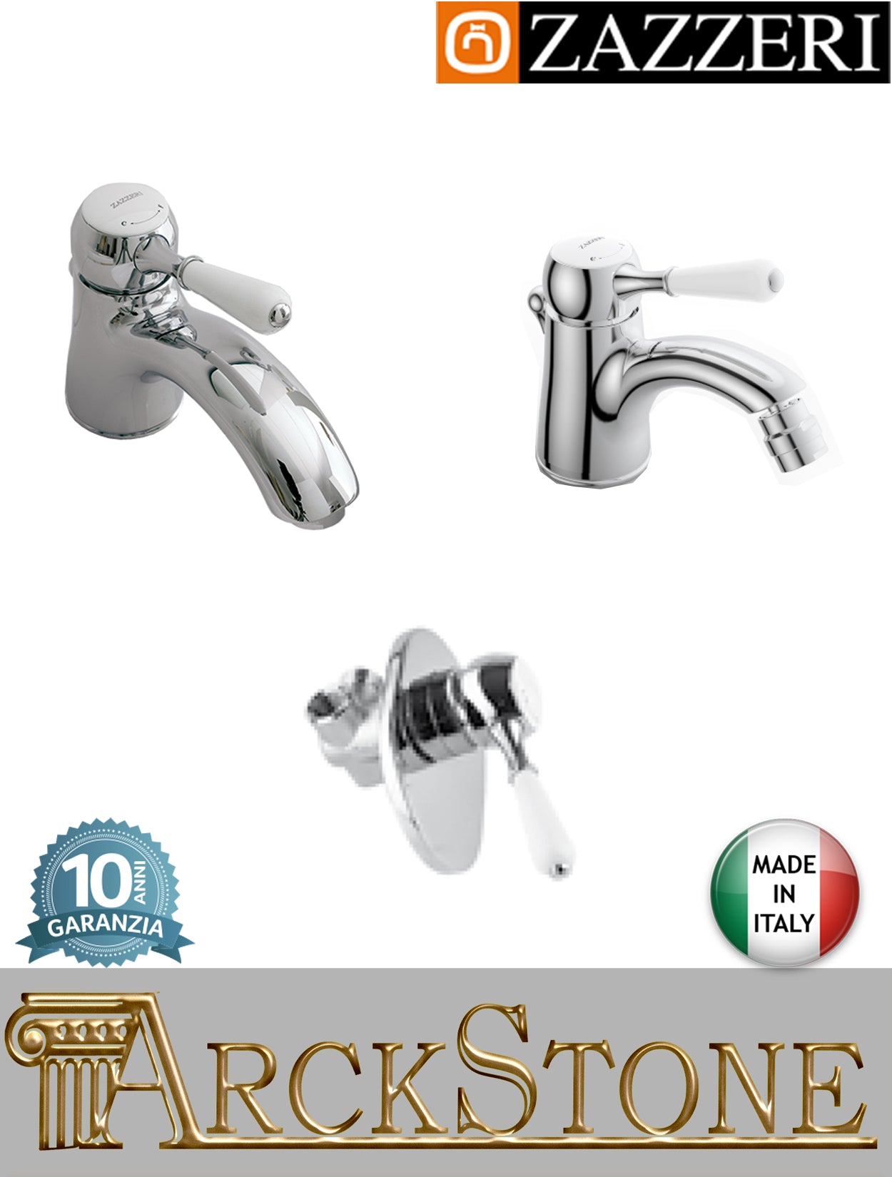 Rubinetteria bagno completa marca Zazzeri modello 902 finitura ottone cromato miscelatore lavabo bidet doccia monoforo appoggio mix piletta scarico parete incasso leva bianca acqua muro autorizzato garanzia 10 anni qualità made in italy