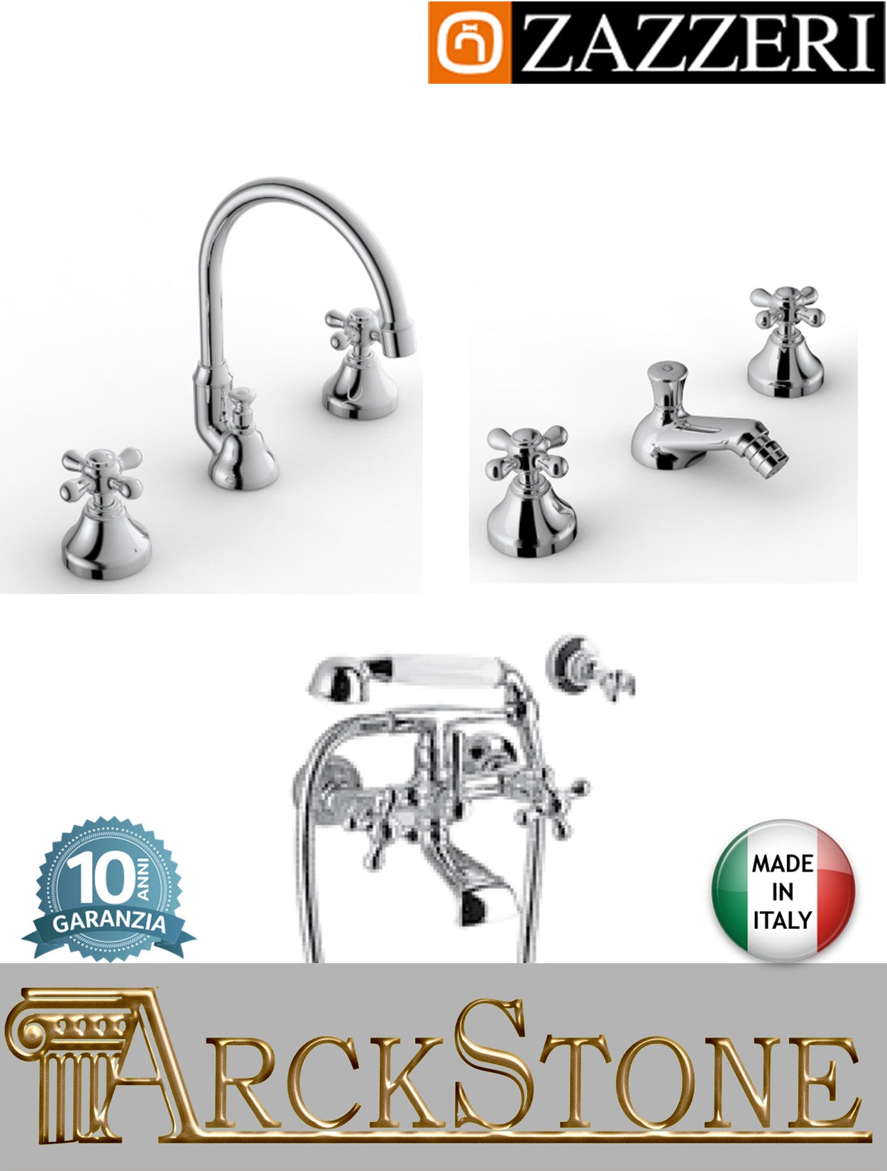 Rubinetteria bagno completa marca Zazzeri modello 800 finitura ottone cromato miscelatore lavabo bidet vasca tre fori appoggio vitone tradizionale piletta scarico parete esterno doccetta flessibile attacco muro acqua garanzia 10 anni made in italy