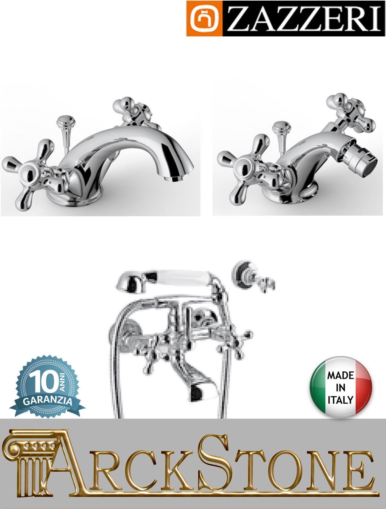 Rubinetteria bagno completa marca Zazzeri modello 800 finitura ottone cromato miscelatore lavabo bidet vasca monoforo appoggio vitone tradizionale piletta scarico parete esterno doccetta flessibile attacco muro acqua garanzia 10 anni made in italy