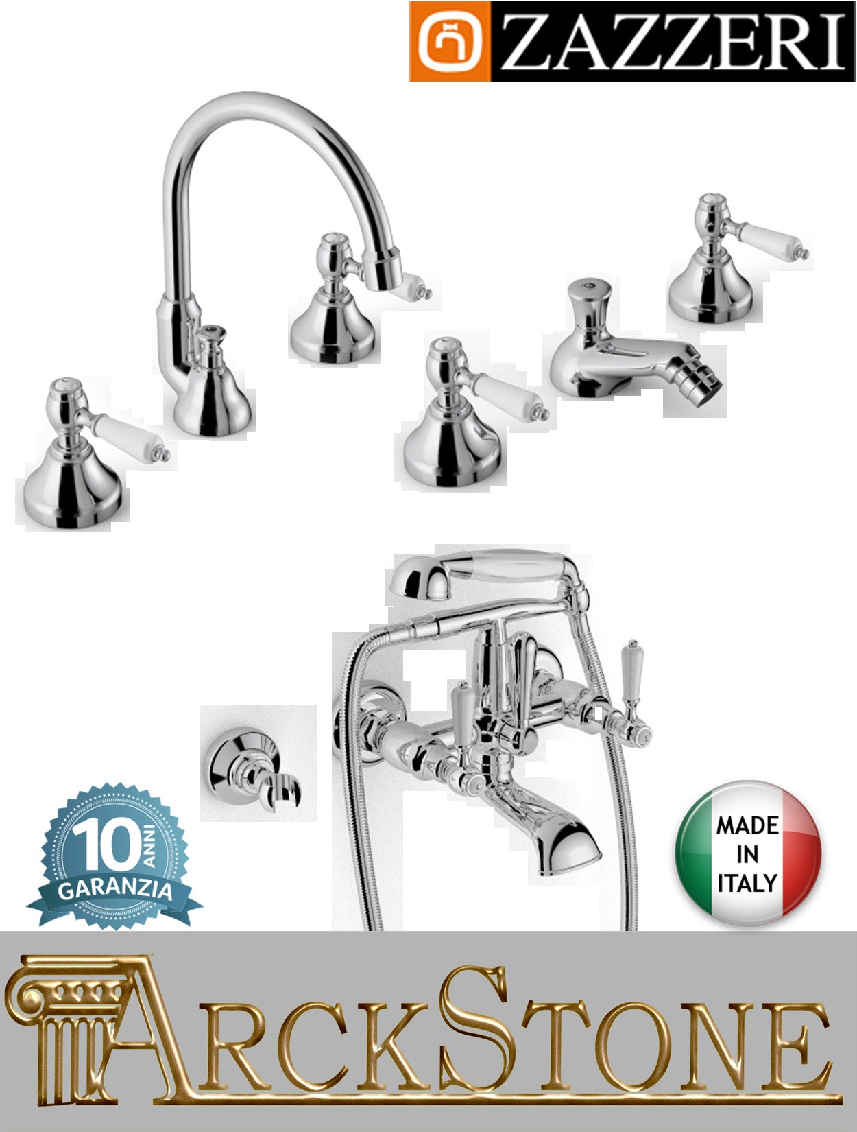 Rubinetteria bagno completa marca Zazzeri modello 803 finitura ottone cromato miscelatore lavabo bidet vasca tre fori appoggio vitone ceramico 90° piletta scarico mix leva porcellana parete esterno doccetta flessibile attacco muro acqua