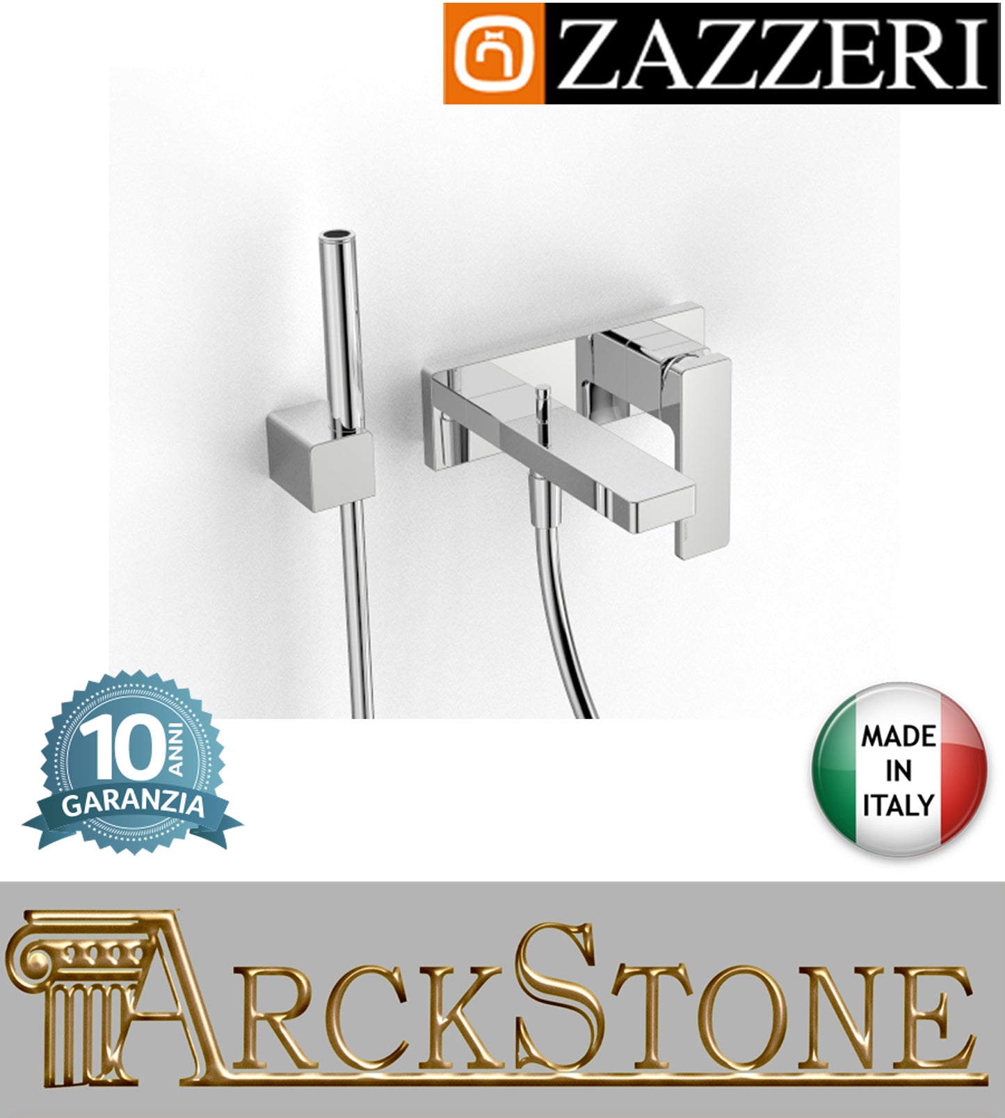 Miscelatore vasca marca Zazzeri modello Qquadro incasso finitura cromata parete completo doccetta stilo rubinetteria uscita assiale cromo arredo bagno arredamento garanzia 10 anni qualità made in italy