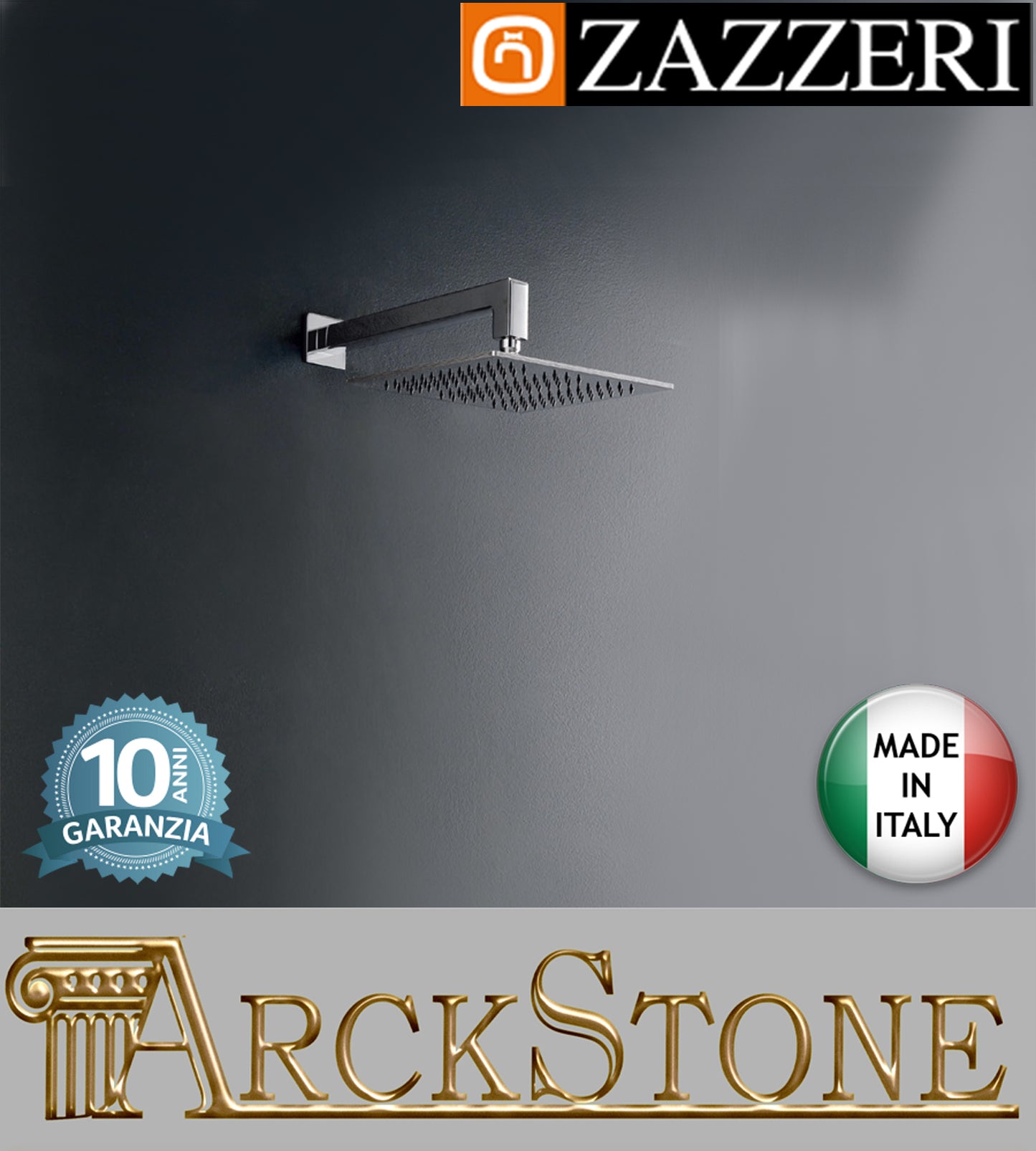 Braccio 330mm soffione 220mm marca Zazzeri modello Qquadro 5700BR01A00+2900SO15A00CRCR finitura ottone cromato anticalcare quadro ispezionabile rubinetteria arredamento arredo bagno parete garanzia 10 anni azienda certificata made in italy