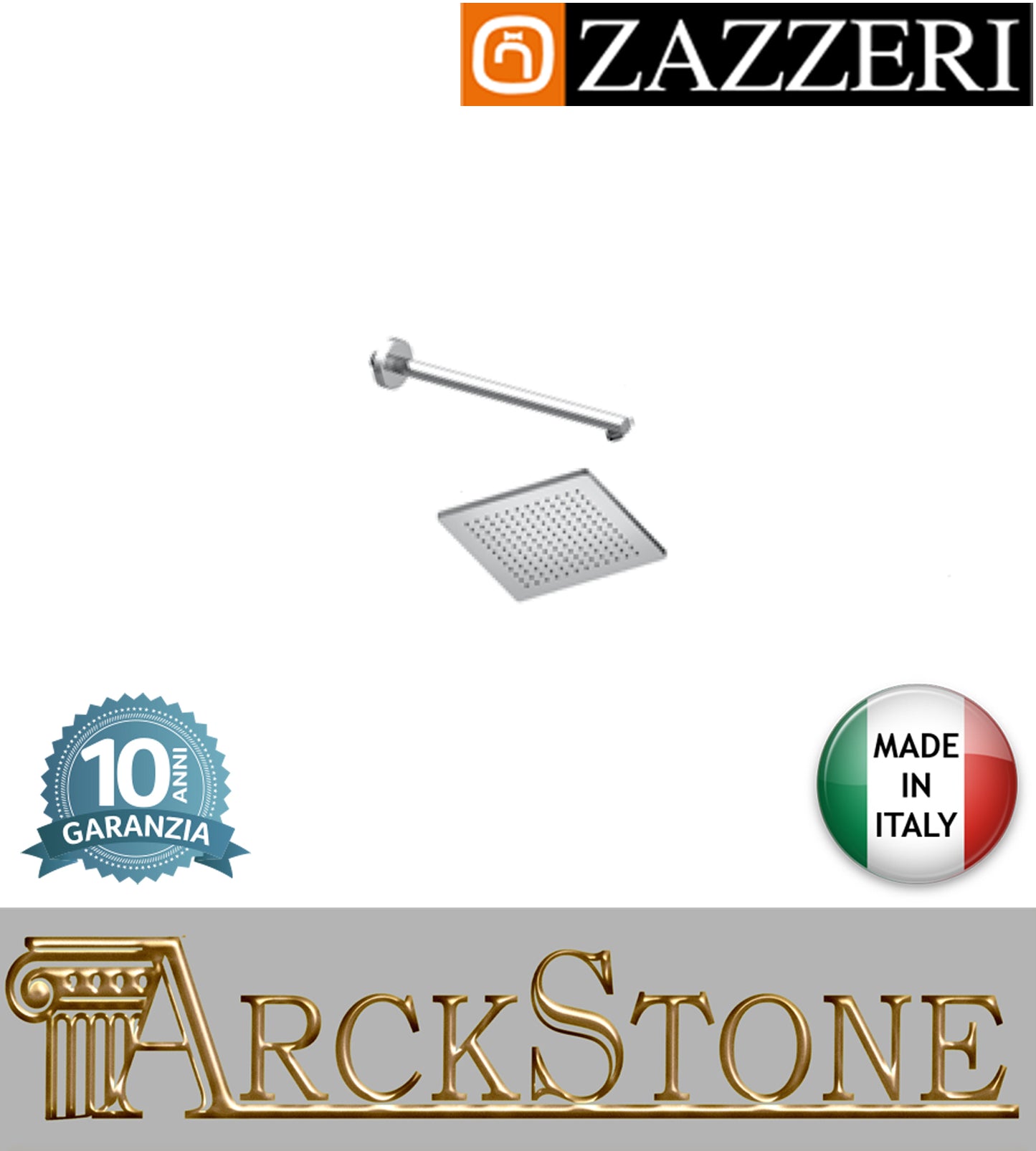 Braccio 330mm soffione 220mm marca Zazzeri modello Qquadro finitura ottone cromato anticalcare quadro ispezionabile rubinetteria arredamento arredo bagno parete garanzia 10 anni azienda certificata made in italy