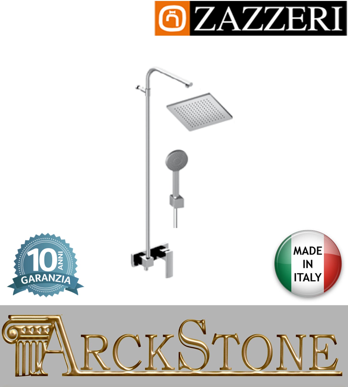 Gruppo doccia marca Zazzeri modello Qquadro soffione 220mm anticalcare doccetta ispezionabile quadro esterno palo flessibile deviatore finitura cromata parete bagno garanzia 10 anni azienda certificata qualità made in italy
