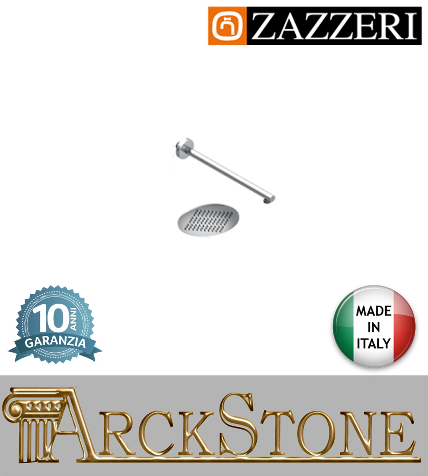 Braccio 353,5 mm soffione Ø200mm marca Zazzeri modello 100 finitura acciaio inox cromato anticalcare parete muro rubinetteria rubinetto arredamento arredo bagno casa autorizzato azienda certificata garanzia 10 anni qualità made in Italy