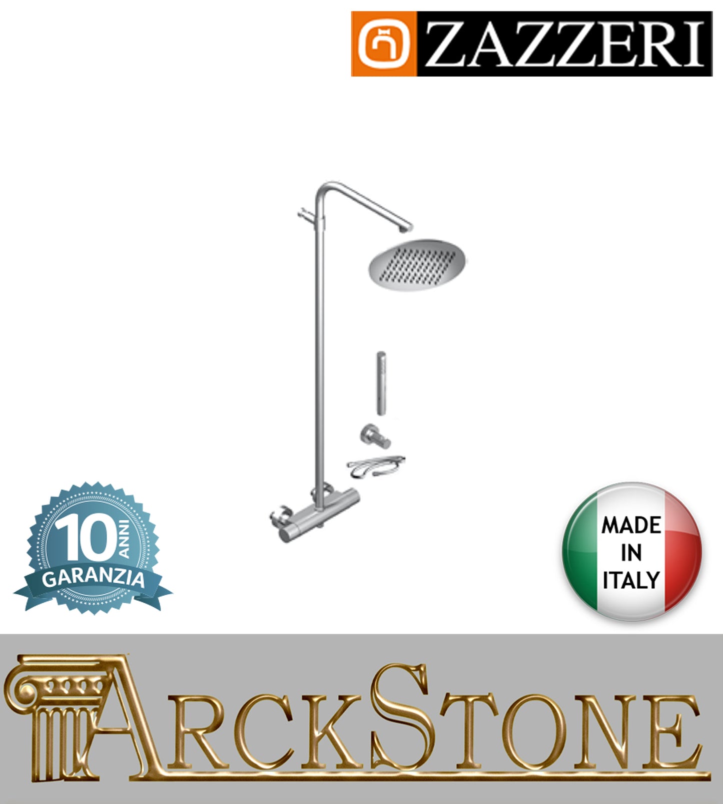 Colonna doccia marca Zazzeri modello 100 3600SO01A00+29001530AB0+68000412A00 CRCR finitura ottone cromato miscelatore termostatico parete anticalcare soffione tondo Ø200mm doccetta flessibile muro arredo bagno casa garanzia 10 anni qualità made in italy