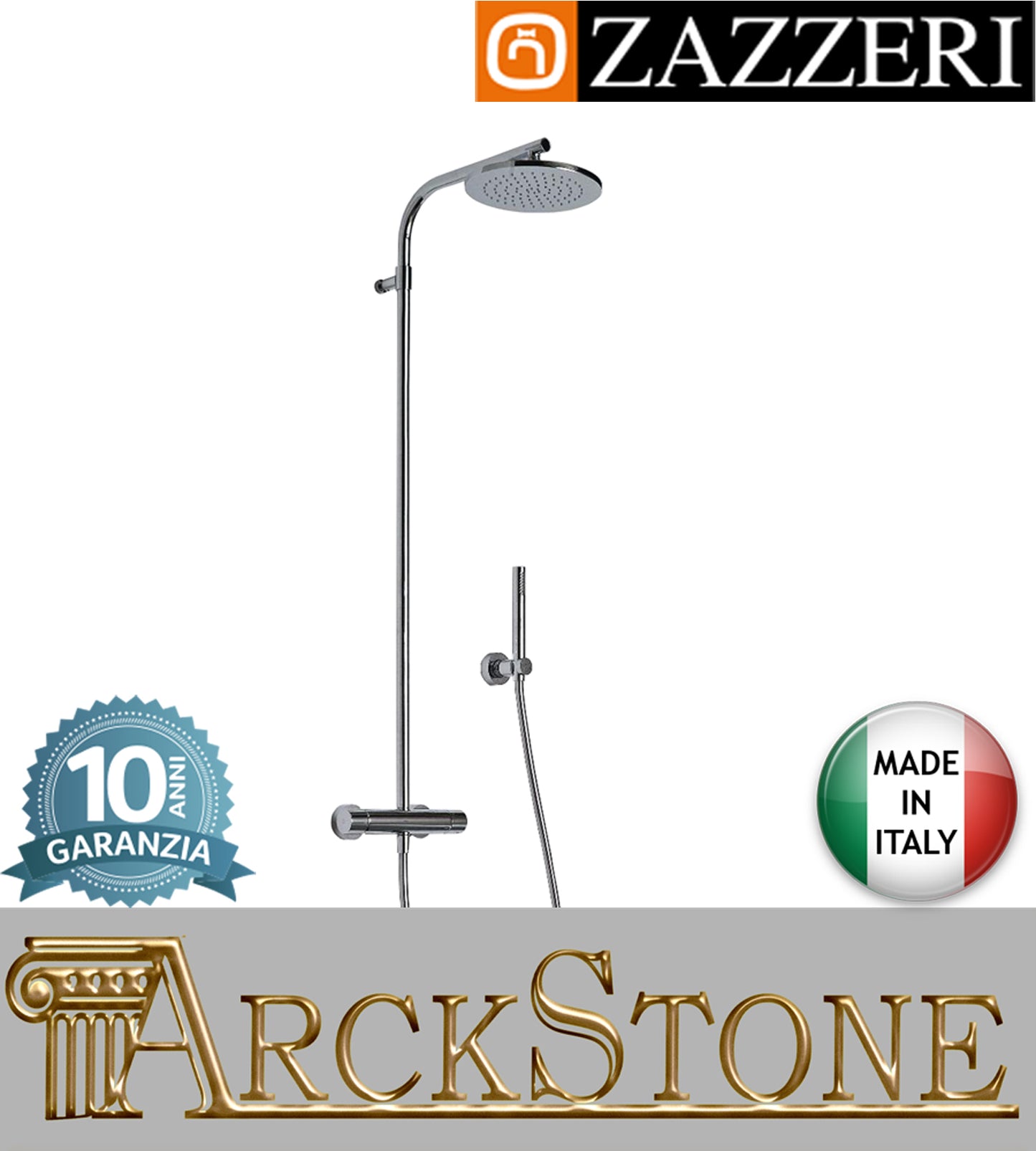Colonna doccia marca Zazzeri modello Da-Da 7 Mono finitura ottone cromato termostatico soffione tondo Ø220 mm doccetta anticalcare arredamento arredo bagno azienda certificata garanzia 10 anni qualità made in italy