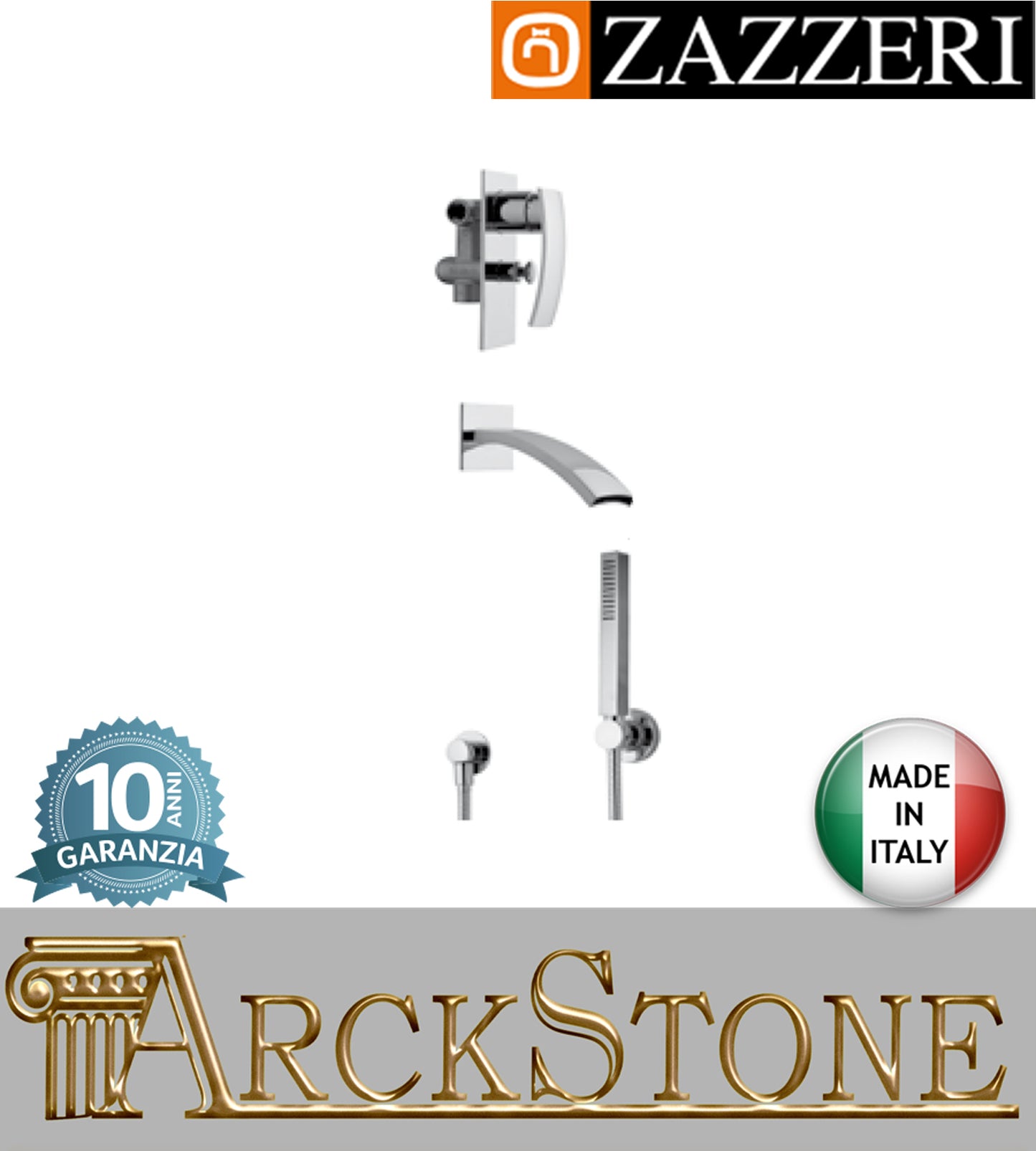 Composizione miscelatore vasca marca Zazzeri modello Moon Mono finitura ottone cromato parete incasso set doccia rubinetteria rubinetto arredamento muro arredo bagno azienda garanzia 10 anni qualità made in italy