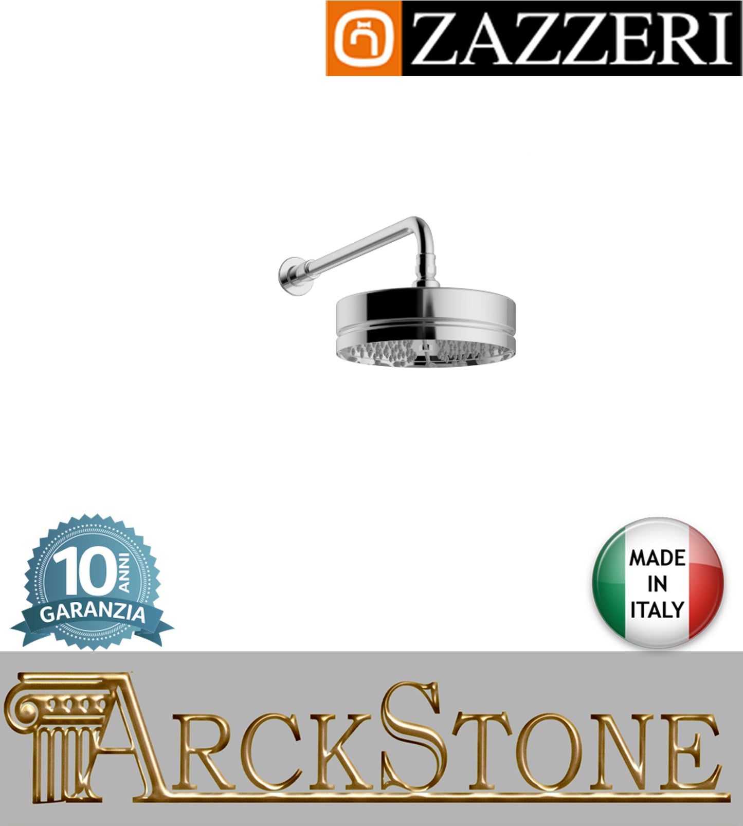 Braccio doccia soffione Ø200 mm marca Zazzeri modello Da-Da 7 Mono 4700BR01A00+4700SO03A00 CRCR finitura ottone cromato parete anticalcare muro arredamento rubinetteria acqua arredo bagno azienda certificata garanzia 10 anni qualità made in ita