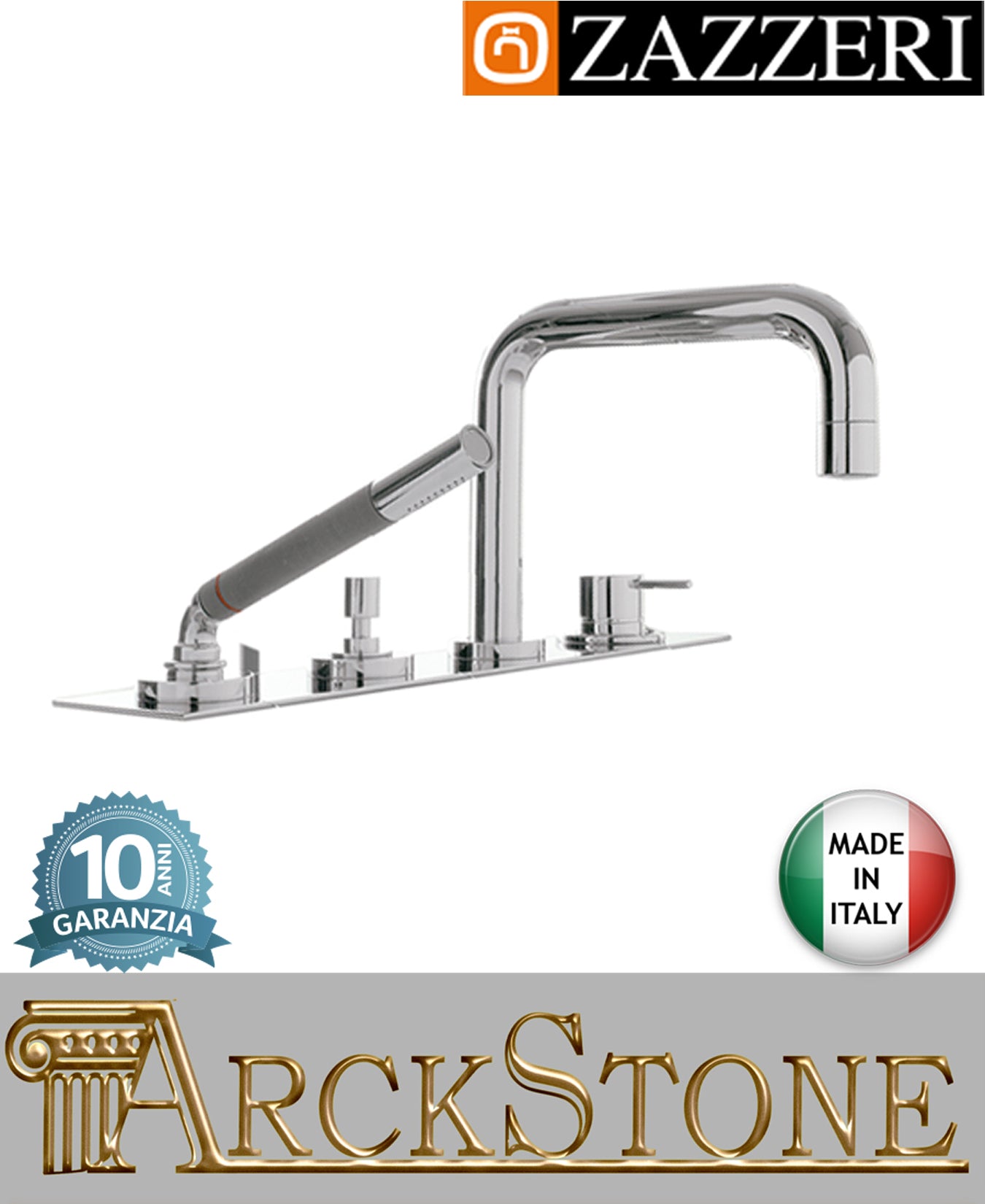 Miscelatore vasca marca Zazzeri modello Modo 7 finitura ottone cromato piano appoggio rubinetteria 4 fori doccetta flessibile arredamento casa arredo bagno garanzia 10 anni qualità made in italy