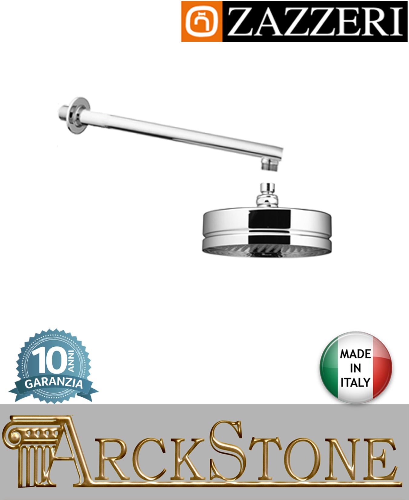 Braccio doccia soffione Ø200 mm marca Zazzeri modello Da-Da 7 Mono finitura ottone cromato parete anticalcare muro arredamento rubinetteria acqua arredo bagno azienda certificata garanzia 10 anni qualità made in ita