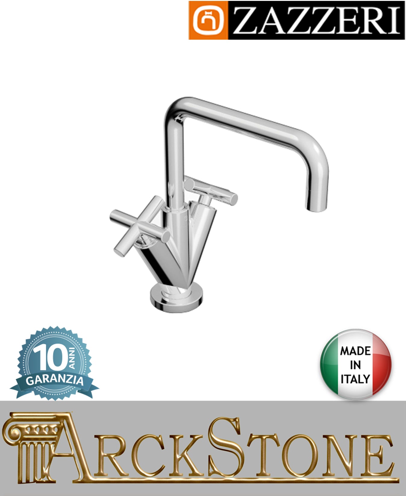 Miscelatore lavabo marca Zazzeri modello Da-Da 2 finitura ottone cromato appoggio monoforo vitone ceramico 180° collo girevole Quadro arredamento casa arredo bagno azienda certificata garanzia 10 anni qualità made in Italy