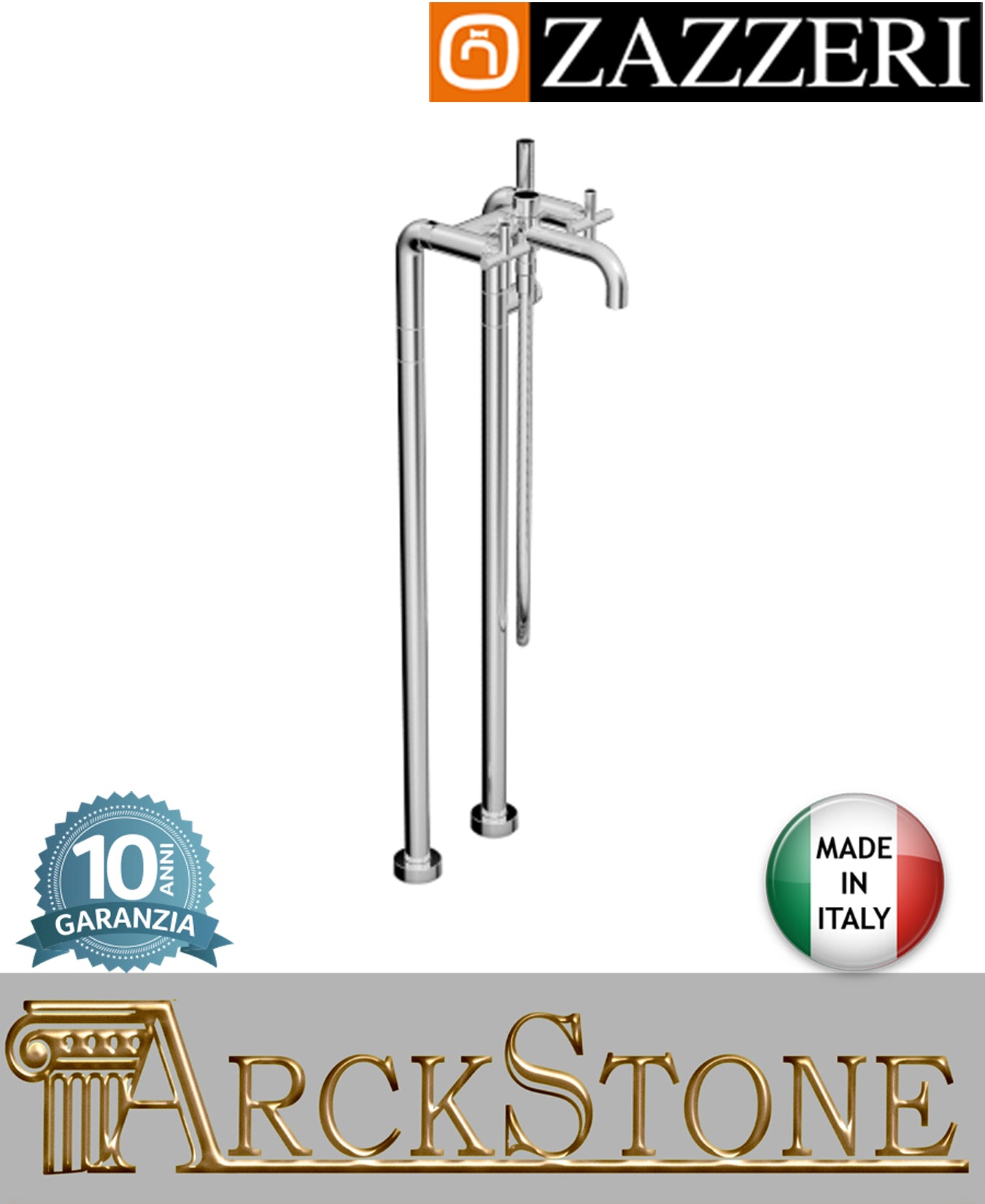 Miscelatore gruppo vasca marca Zazzeri modello Da-Da 2 finitura ottone cromato vitone ceramico 180° pavimento tubi doccetta flessibile rubinetteria rubinetto arredamento casa arredo bagno fontana azienda garanzia 10 anni made in italy