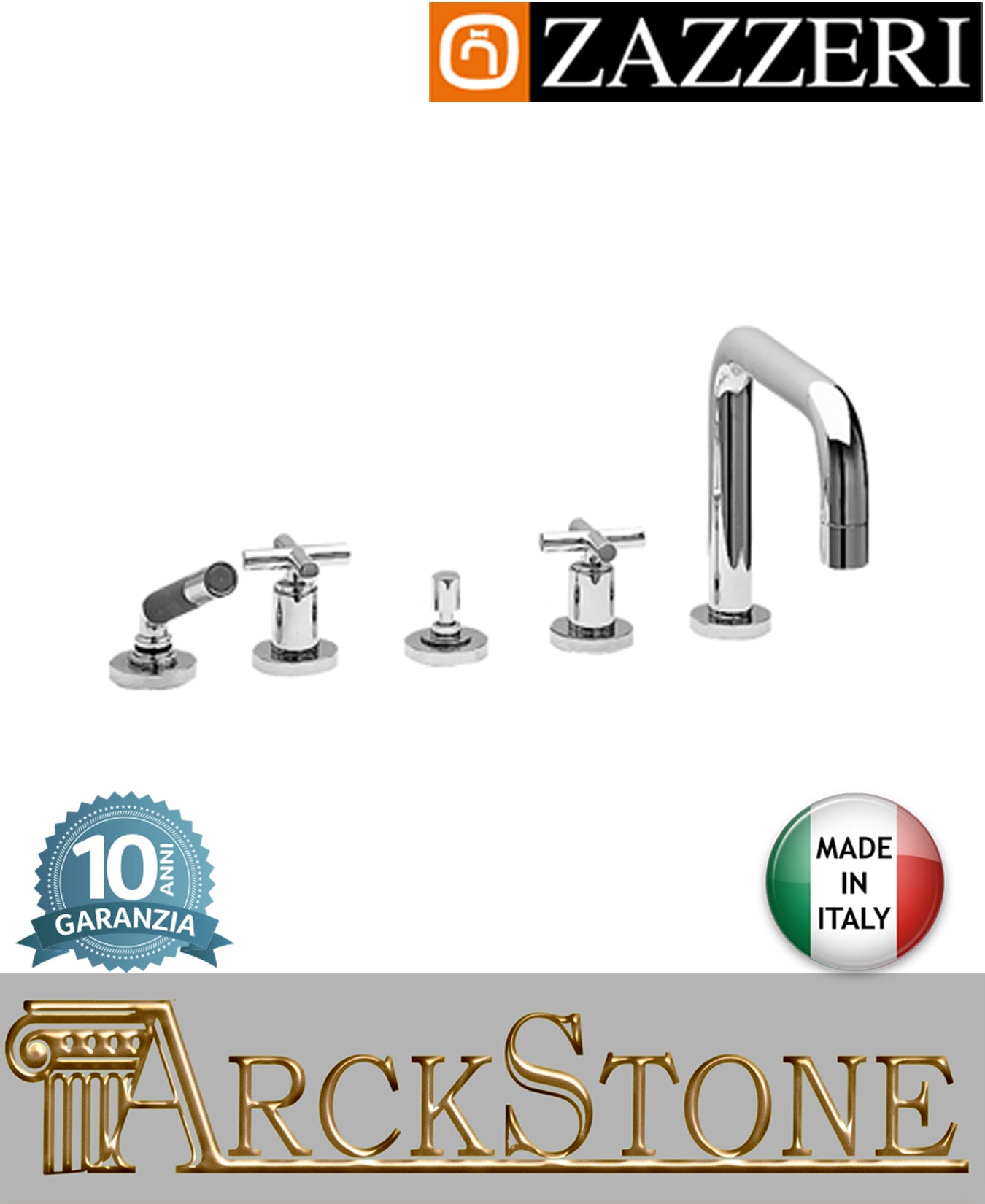 Miscelatore gruppo vasca marca Zazzeri modello Da-Da 2 finitura ottone cromato vitone ceramico 180° piano cinque fori doccetta flessibile acqua rubinetteria rubinetto arredamento arredo bagno fontana azienda garanzia 10 anni made in italy