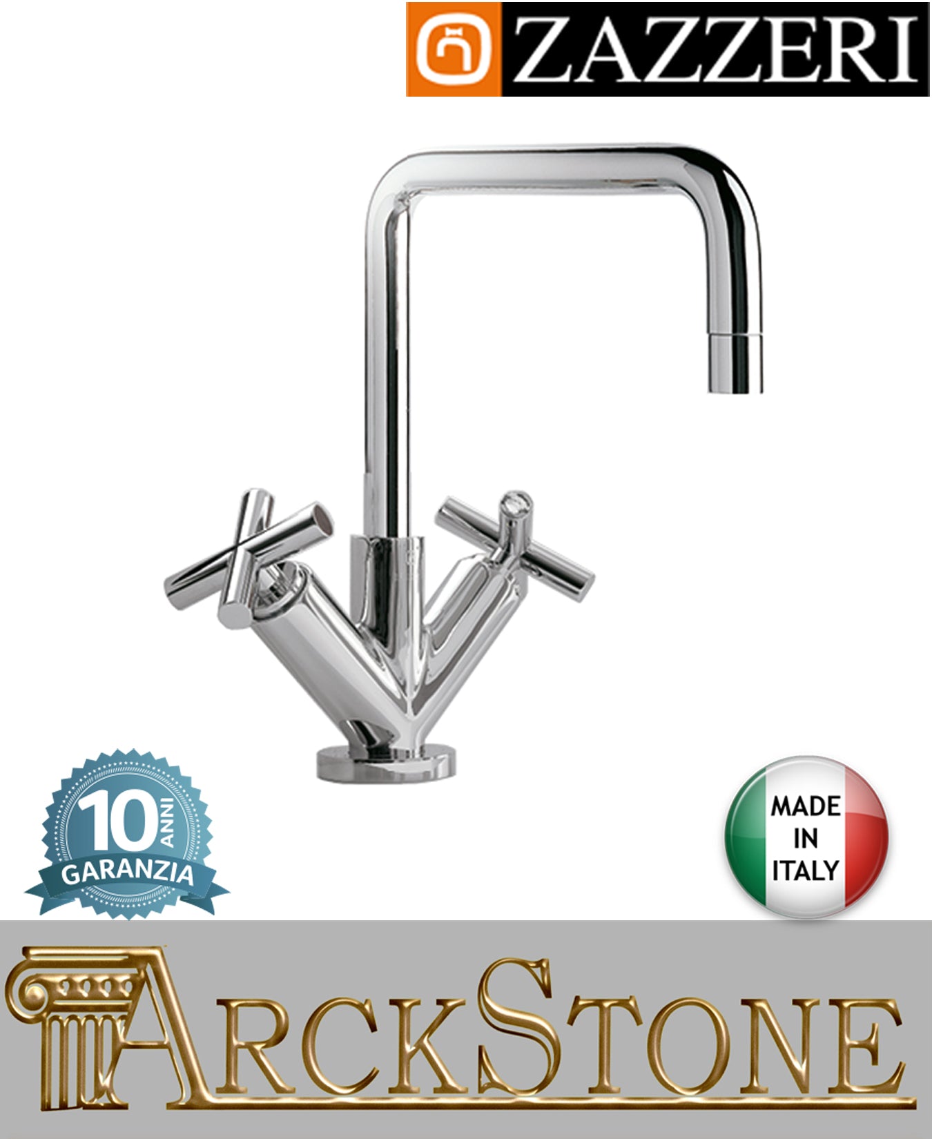 Miscelatore lavello marca Zazzeri modello Da-Da 2 finitura ottone cromato collo girevole quadro appoggio monoforo vitone ceramico 180° rubinetteria rubinetto casa arredamento fontana arredo cucina garanzia 10 anni made in italy