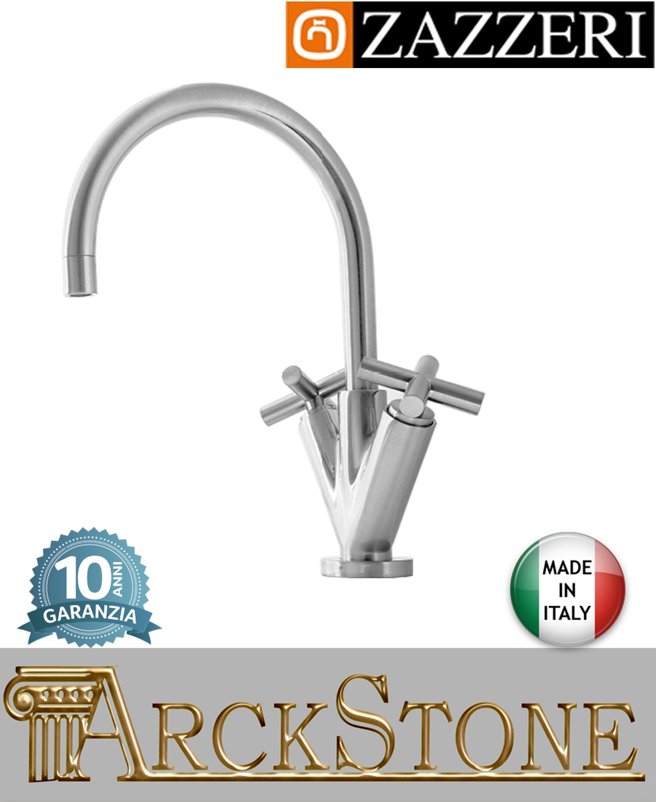 Miscelatore lavello marca Zazzeri modello Da-Da 2 finitura ottone cromato collo girevole tondo vitone ceramico 180° appoggio monoforo rubinetteria rubinetto casa arredamento fontana arredo cucina garanzia 10 anni made in italy