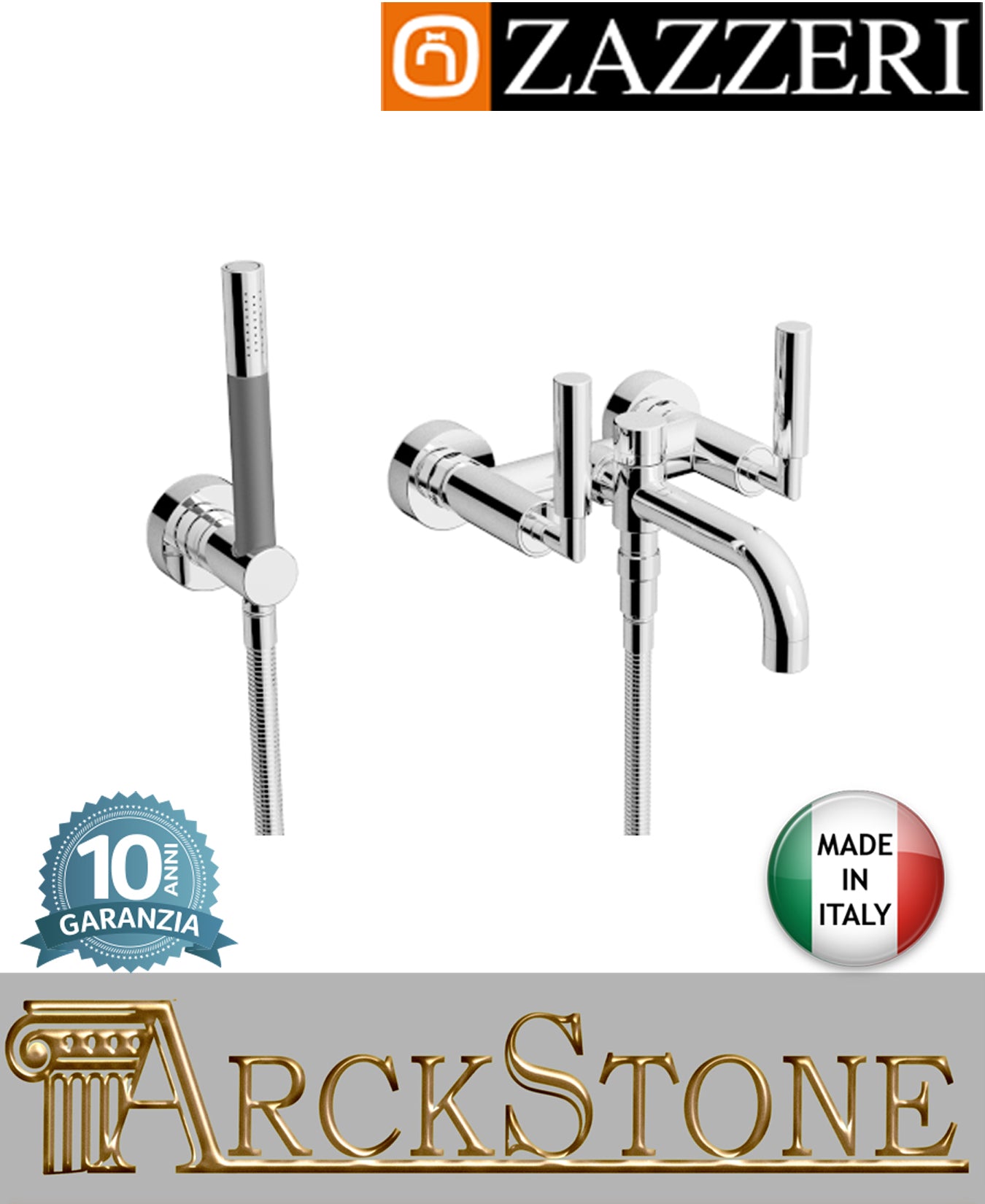 Miscelatore gruppo vasca marca Zazzeri modello Da-Da 3 finitura ottone cromato parete esterno vitone ceramico 90° doccetta flessibile attacco muro arredo bagno rubinetteria garanzia 10 anni qualità made in italy