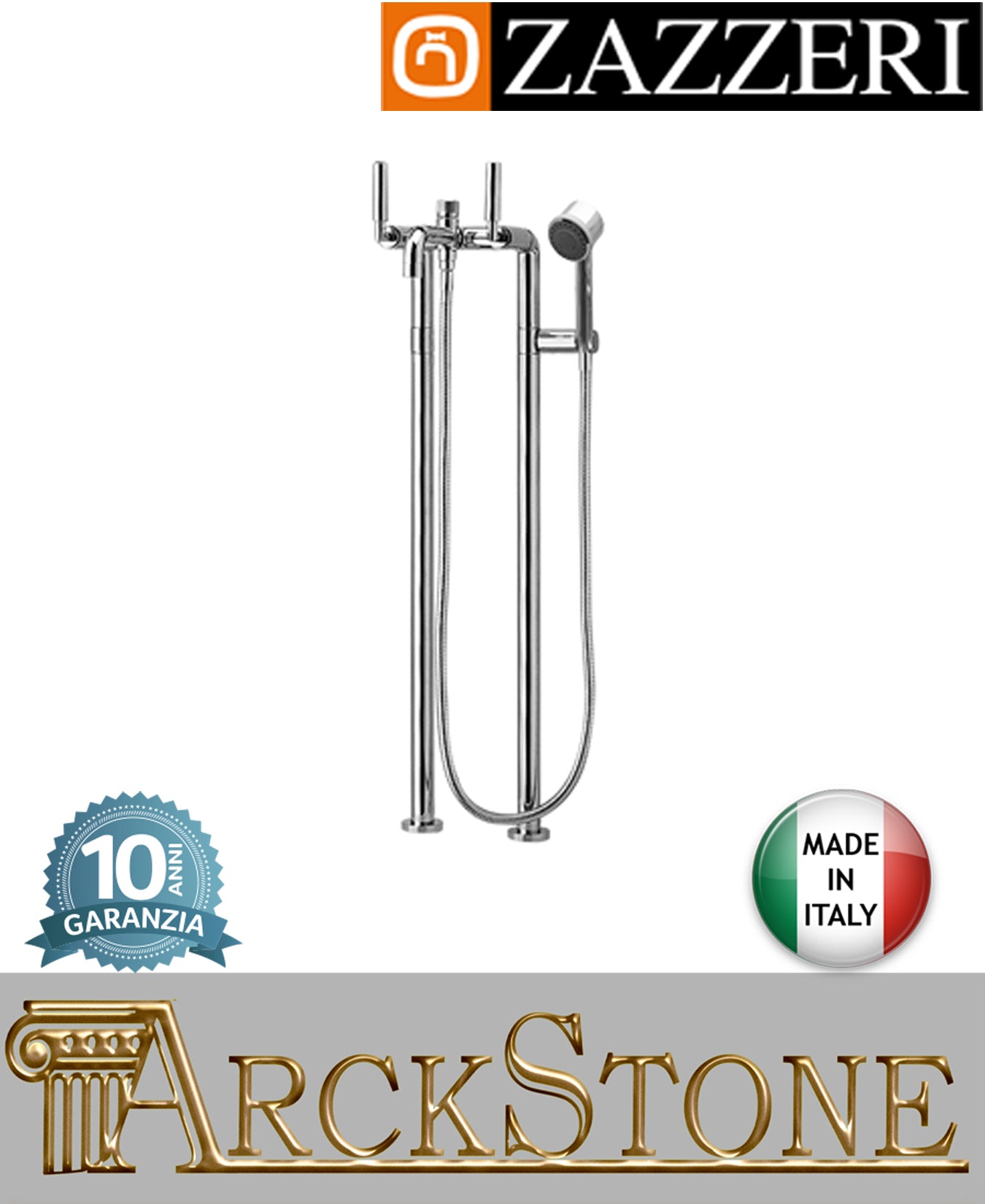 Miscelatore gruppo vasca marca Zazzeri modello Da-Da 3 finitura ottone cromato esterno pavimento tubi vitone ceramico 90° doccetta multifunzione flessibile rubinetteria rubinetto bagno garanzia 10 anni qualità made in italy