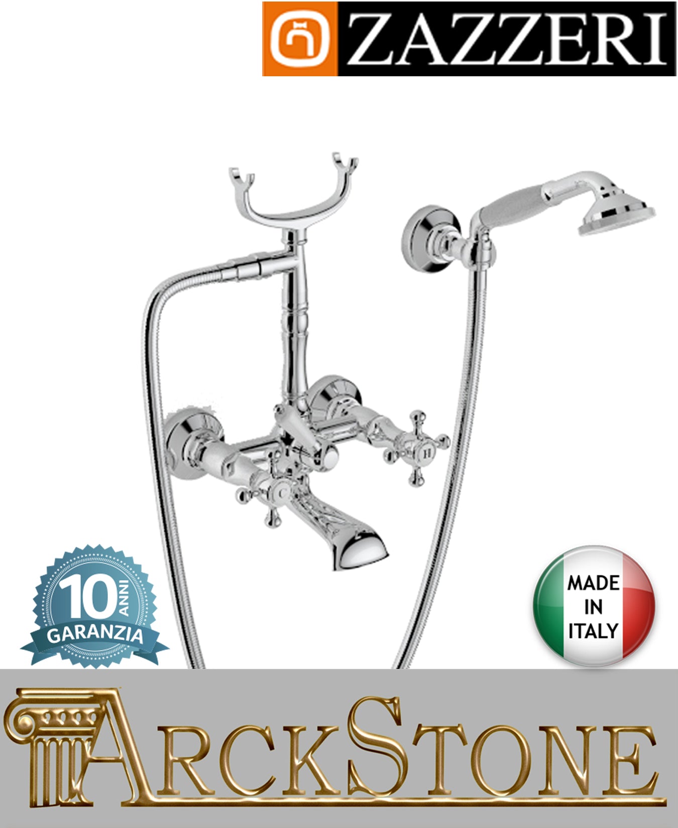 Miscelatore gruppo vasca marca Zazzeri modello Kent 2 finitura ottone cromato parete esterno muro vitone ceramico 180° attacco doccetta flessibile fontana arredo bagno azienda garanzia 10 anni qualità made in italy