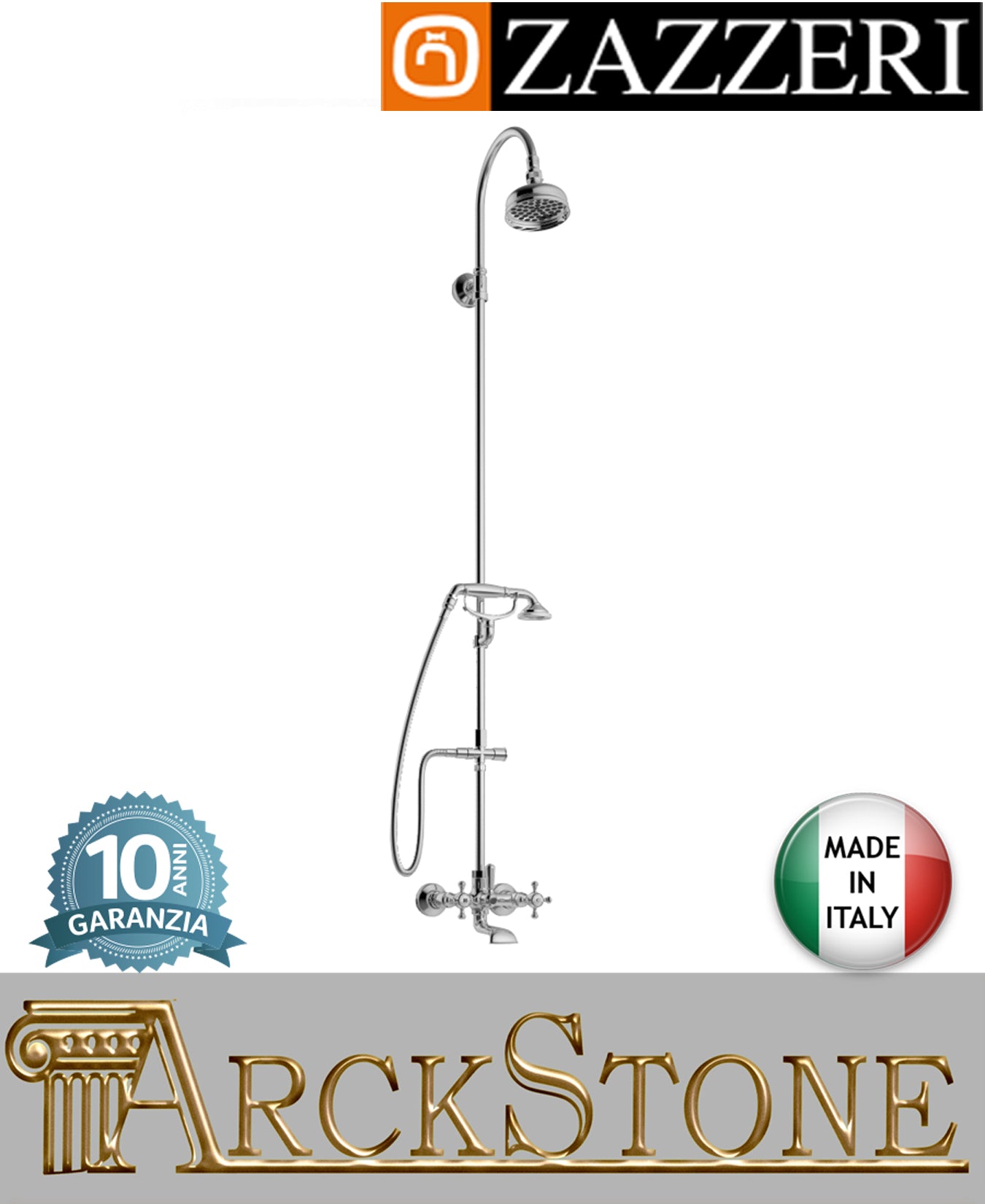 Colonna miscelatore gruppo vasca doccia marca Zazzeri modello Kent 2 2900SO01A00+55010619A00 CRCR finitura ottone cromato esterno parete vitone ceramico 180° soffione Ø120 mm doccetta flessibile muro arredo bagno garanzia 10 anni made in italy