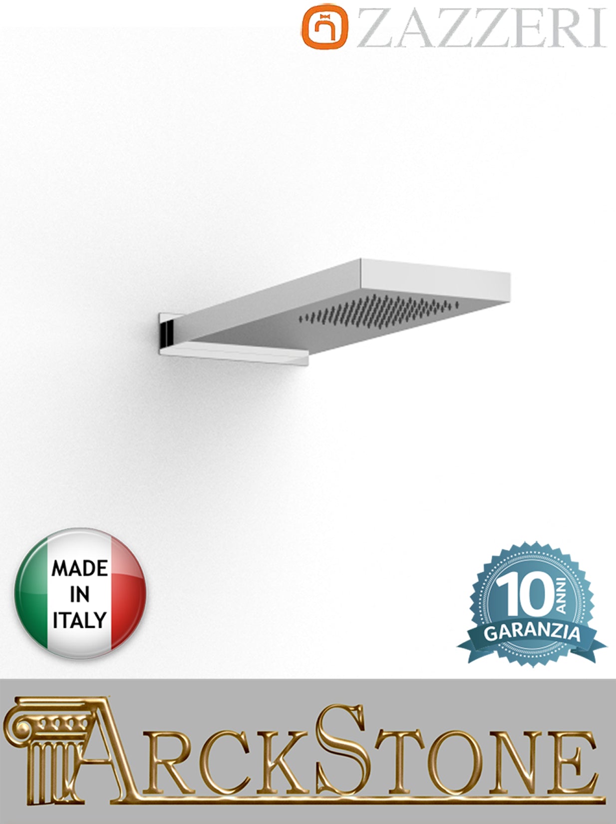 Soffione a mensola piccolo acciaio cromato marca Zazzeri modello Shirò doccia pioggia incasso finitura Inox Lucida parete muro Misura 470x190 mm arredamento bagno garanzia 10 anni azienda certificata qualità made in italy anticalcare