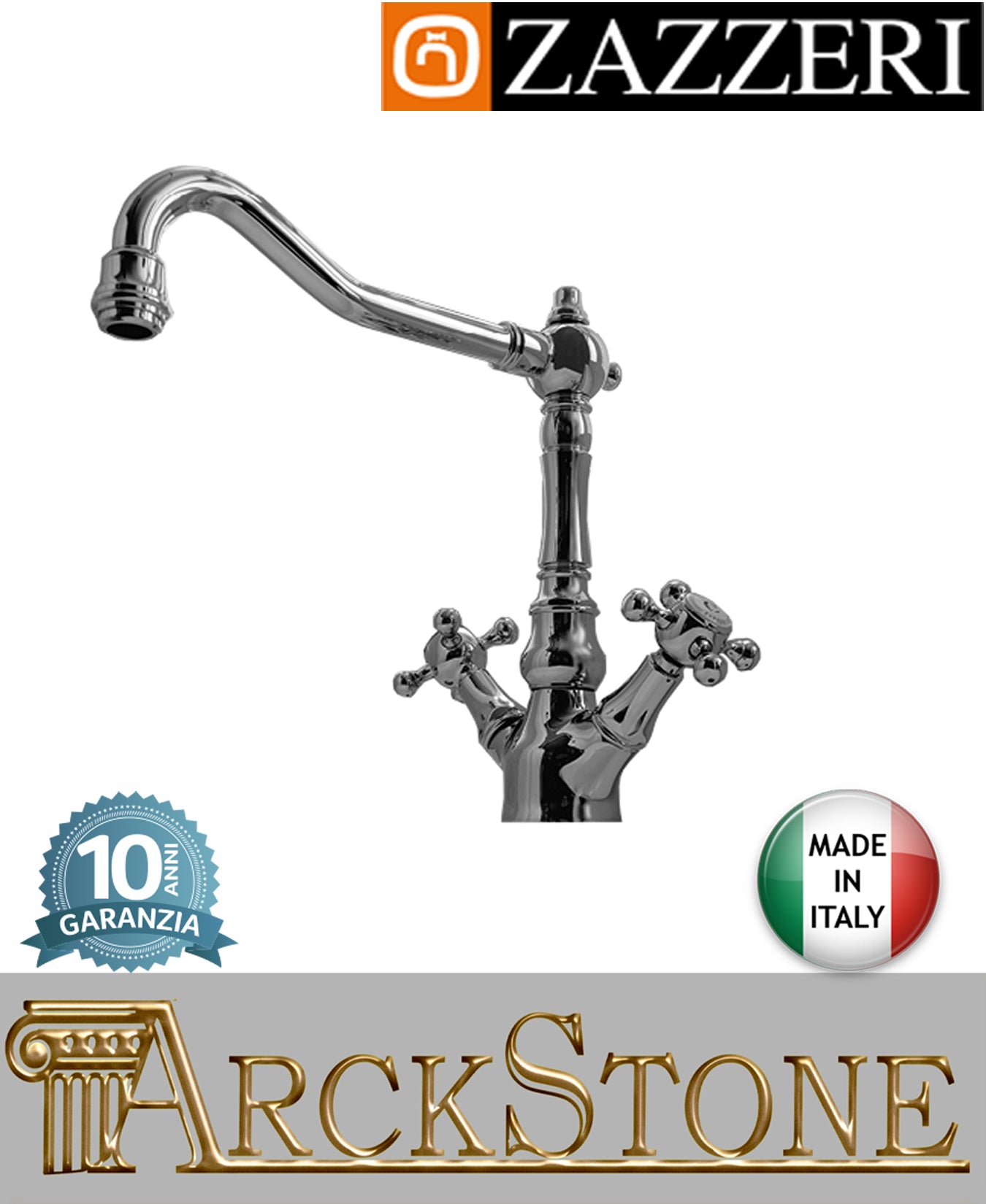 Miscelatore lavabo marca Zazzeri modello Kent 2 finitura ottone cromato appoggio monoforo collo girevole vitone ceramico 180° batteria L179 x H140 mm Classico Piletta di Scarico Garanzia 10 Anni Made in Italy