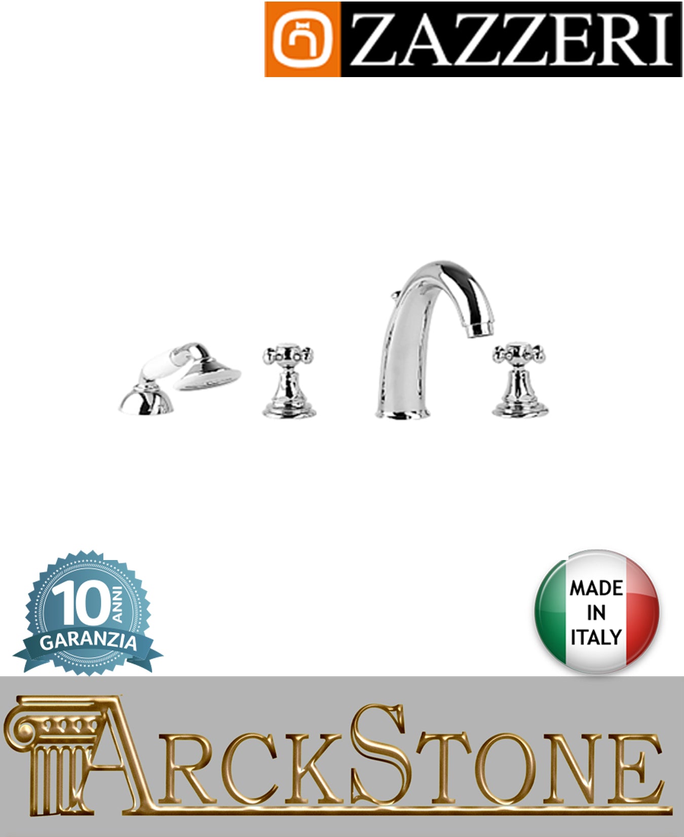 Miscelatore gruppo vasca marca zazzeri modello kent 2 finitura ottone cromato appoggio piano 4 quattro fori rubinetteria doccetta vitone ceramico 90° rubinetto arredo bagno garanzia 10 anni qualità made in italy