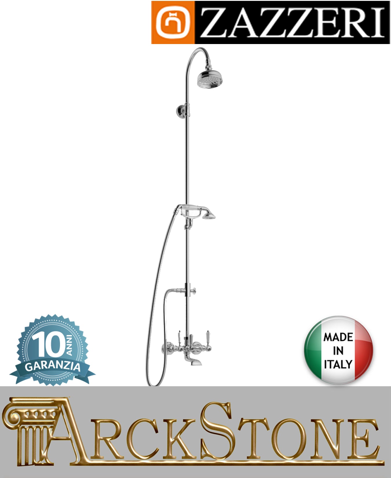 Colonna miscelatore gruppo vasca doccia marca Zazzeri modello Kent 3 2900SO01A00+55020619A00 CRCR finitura ottone cromato esterno parete vitone ceramico 90° soffione Ø120 mm doccetta flessibile muro arredo bagno garanzia 10 anni made in italy