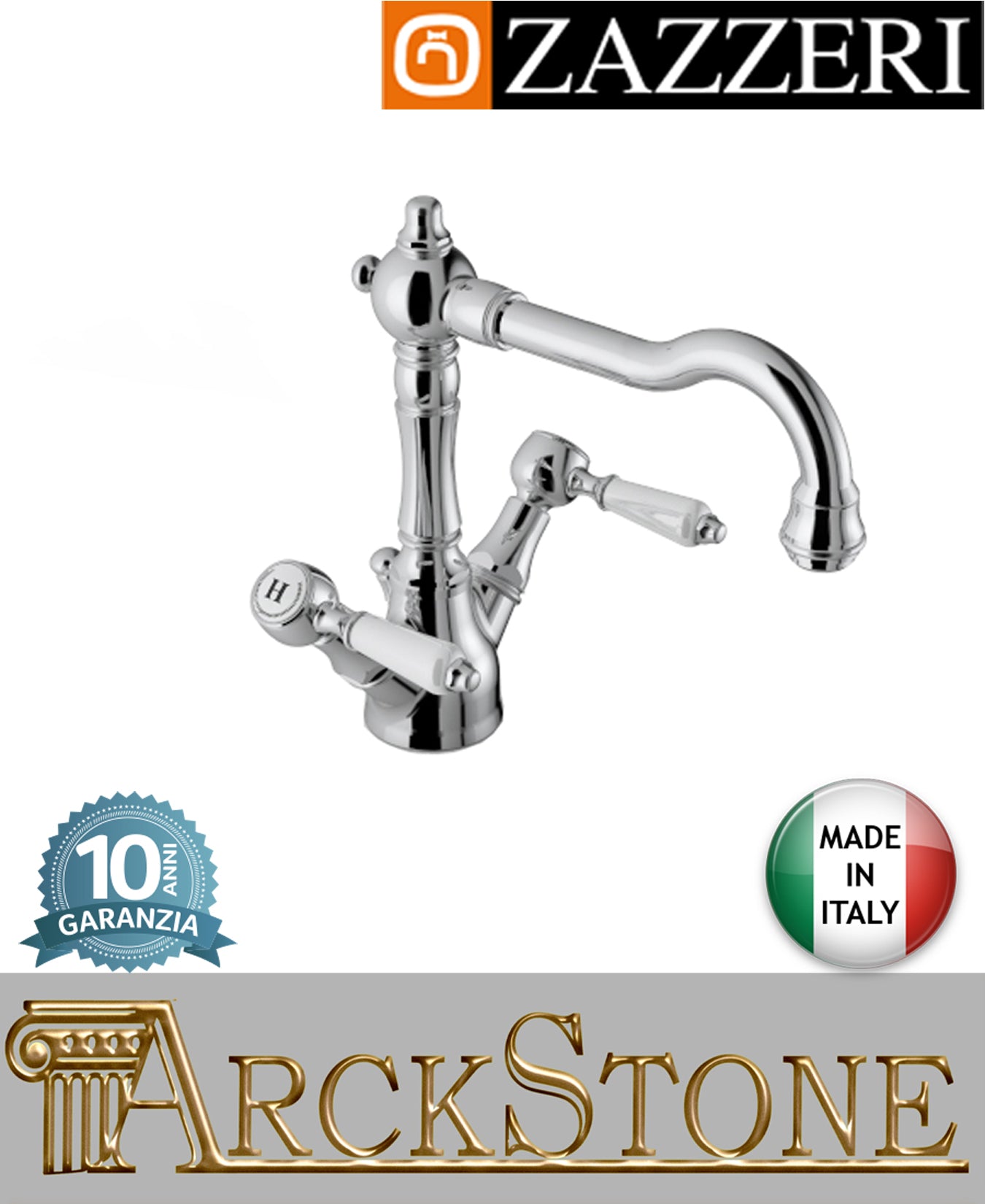 Miscelatore lavello marca Zazzeri modello Kent 3 finitura ottone cromato appoggio collo girevole monoforo fontana acqua vitone ceramico 90° arredamento casa arredo cucina acqua rubinetteria rubinetto garanzia 10 anni qualità made in italy