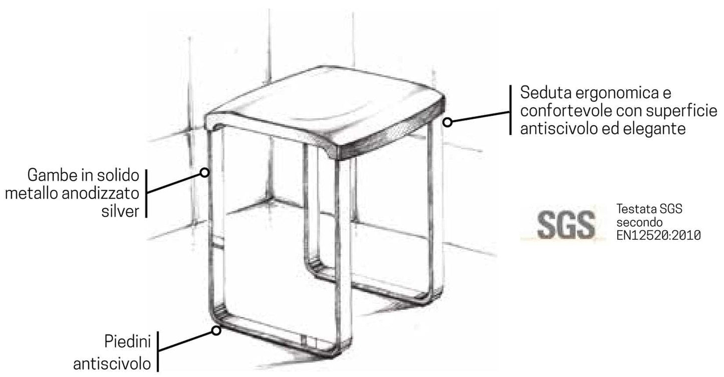 Novellini Sgabello Bianco RAL 9003 Telaio Alluminio Anodizzato Portata Massima 100 kg Gambe Solide Metallo Silver Piedini Antiscivolo Seduta Ergonomica Confortevole Superficie Elegante Misura 37x37 Altezza 48 cm