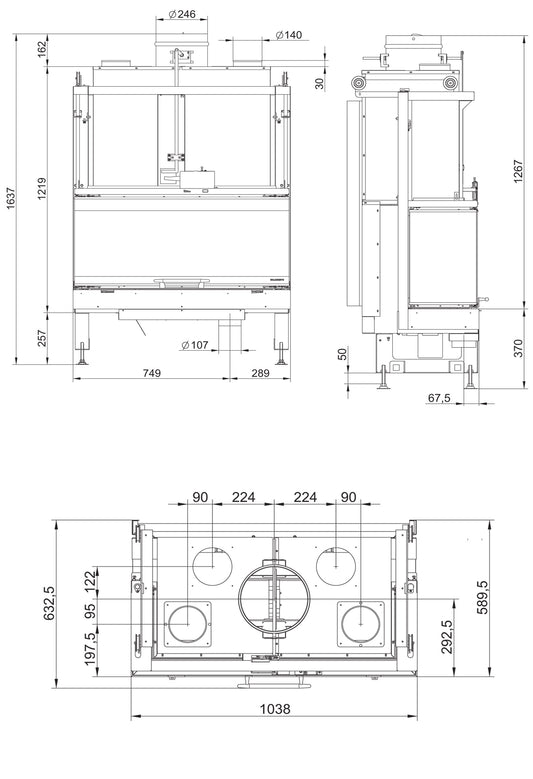 Camino a Legna Chiuso Aria Naturale Canalizzata Palazzetti Ecomonoblocco EM16:9 3D Potenza 26,41 kW Portina Vetro Ceramico Misura 104x63x158 cm