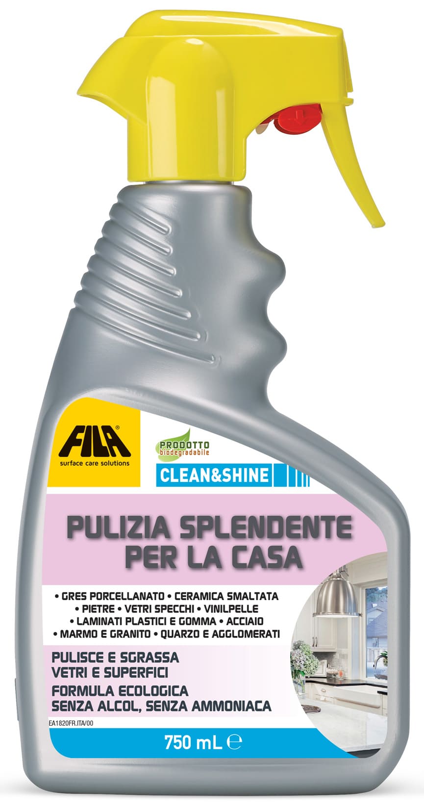 Fila Clean & Shine Detergente Spray Universale Multiuso 750 ML Deterge Superfici Rivestimenti Ceramica Smaltata Laminati Acciaio Inossidabile Vetri Specchi Ante Cucine Bagno Mobili Marmo Quarzo Granito Gres Porcellanato Pietre Vinilpelle Plastici Gomma