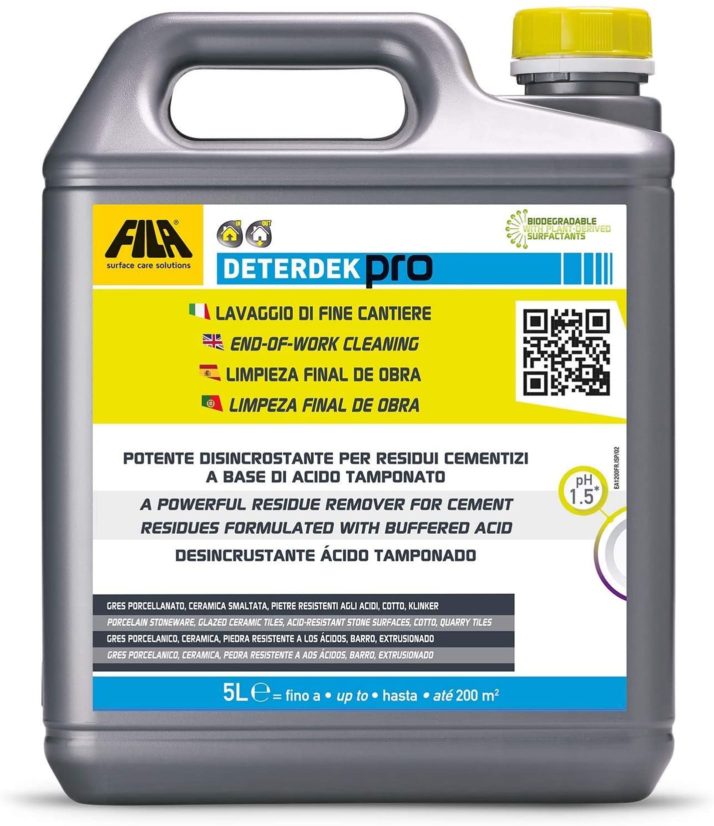 Tanica Fila Deterdek Pro da 5 Litri LT Detergente Disincrostante Acido per Pulizia Dopo la Posa di Gres Porcellanato Ceramica Cotto Klinker Pietra