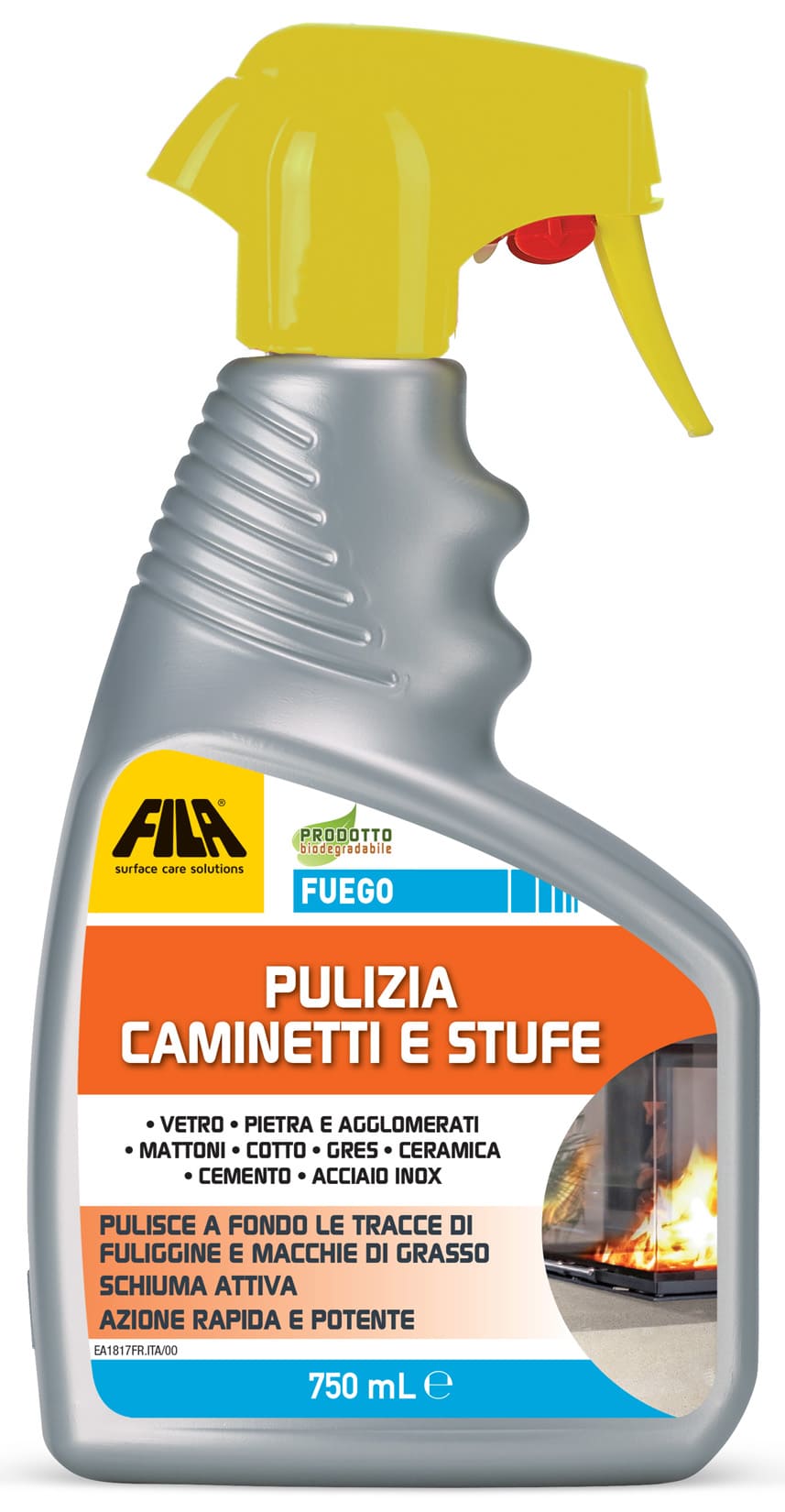 Fila Fuego Filafuego 750 ML Rimuovi fuliggine Sporco Grassi Combustioni Spray Vetro Agglomerati Pietre Naturali Cotto Clinker Gres Porcellanato Ceramica Acciaio Inox Cemento rivestimenti stufe camini forni griglie fornelli barbecue mattoni Barbecue