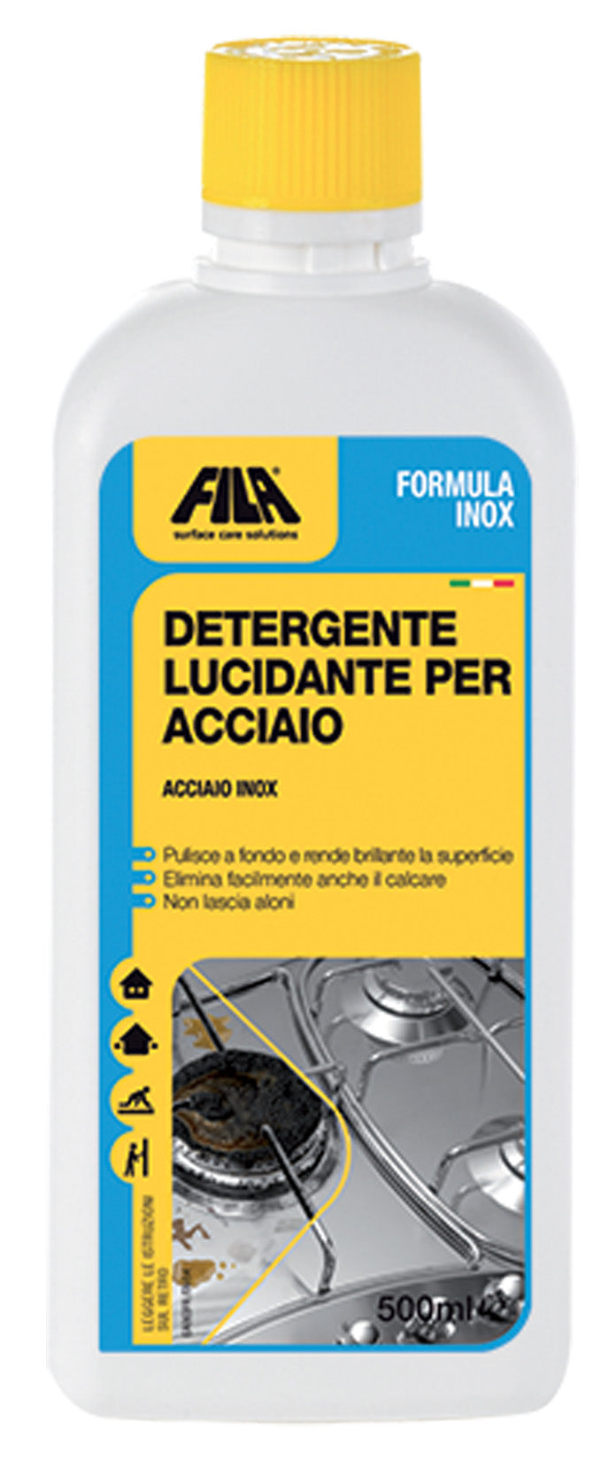 Fila Formula Inox Detergente Lucidante Acciaio 500 ML 500ML Rimuove Elimina Depositi Calcarei Lascia Superfici Brillanti Sanificante