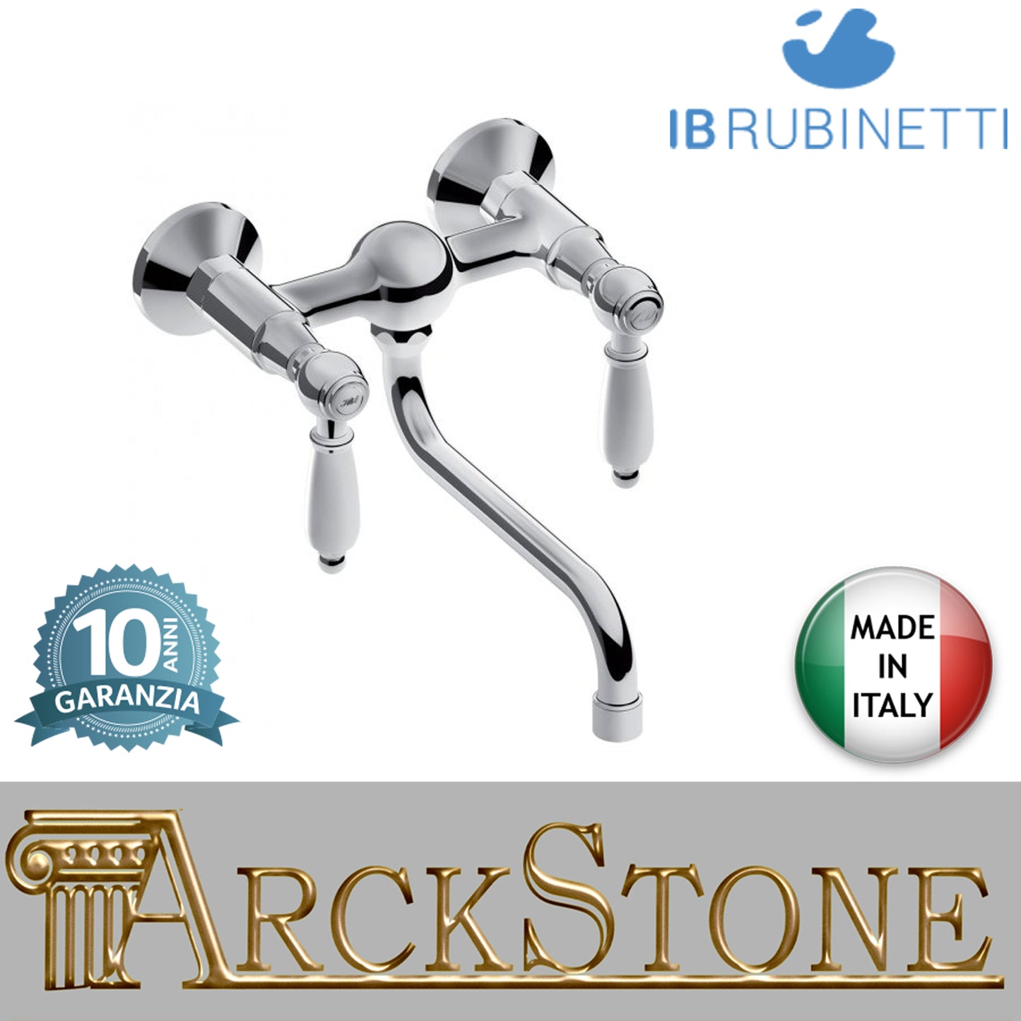 Miscelatore lavello a parete marca IB rubinetti modello Serie Kitchen finitura ottone cromato rubinetteria cucina appoggio rivenditore autorizzato fontana lavatoio arredamento campania rubinetto garanzia 10 anni azienda certificata
