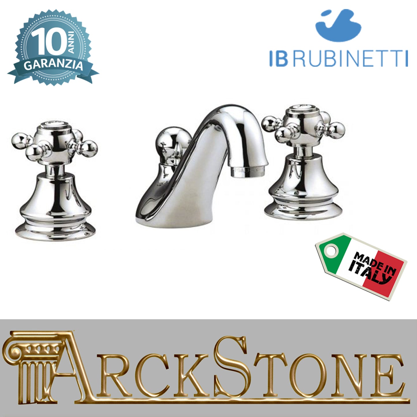 Miscelatore lavabo tre fori bocca bassa completo di piletta di scarico Click-Clack marca IB rubinetti modello Hermes rubinetteria rubinetto ottone cromato bagno casa muro fontana finitura cromo rivenditore autorizzato campania arredamento arredo qualità