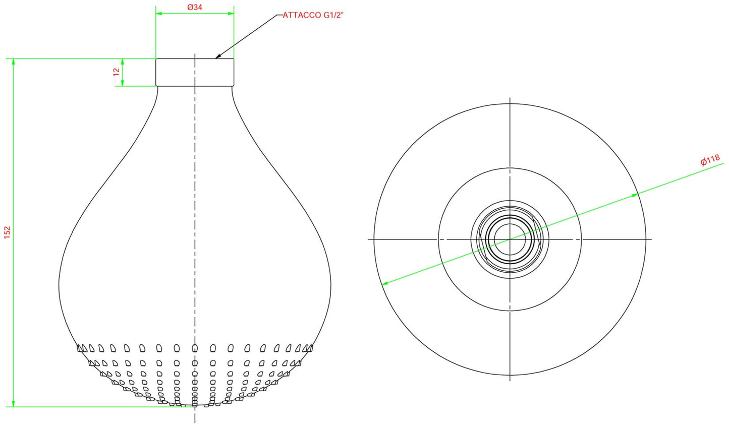 IB Rubinetti DROP Soffione Doccia Forma A Goccia In Silicone Verde Installazione A Soffitto O Parete Misura 118x172 mm Uscita Acqua Pioggia Stile Moderno Attacco In Ottone Finitura Cromata