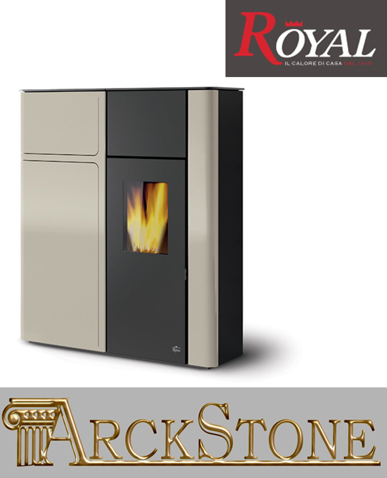 Termo Stufa Pellet Royal Palazzetti Focolare Karyn 14 Idro Rivestimento Metallo Beige 14 Kw Profondità Ridotta Corridoio Sottile Slim Ultrapiatta Termosifoni Acqua Radiatori Termostufa Idrostufa Acciaio Ghisa Gruppo Idraulico Display Comandi Sfioramento