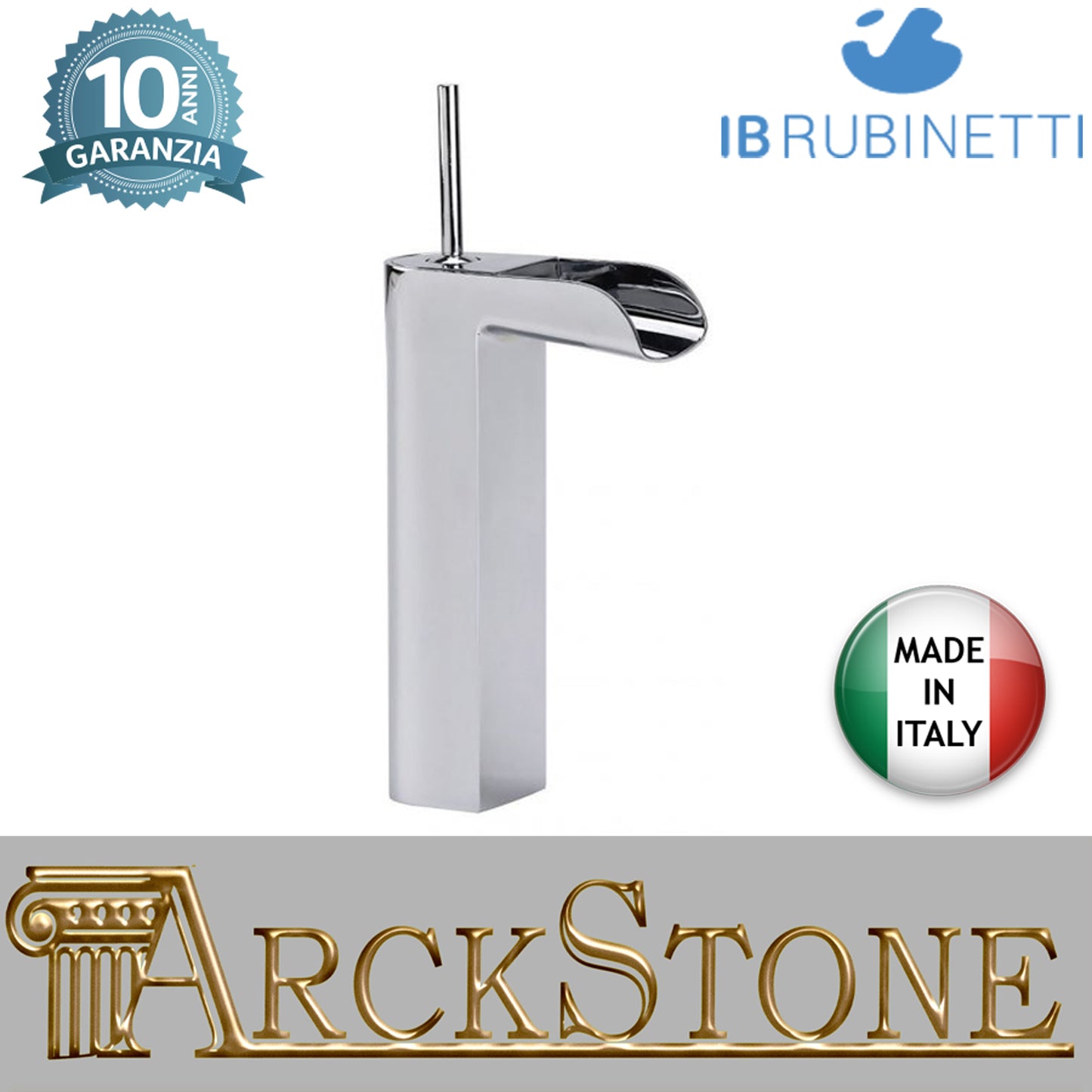 Miscelatore lavabo alto completo di piletta di scarico click-clack marca IB rubinetti modello LoveMe rubinetteria rubinetto ottone cromato bagno cascata fontana finitura cromo rivenditore autorizzato campania arredamento garanzia 10 anni made in italy