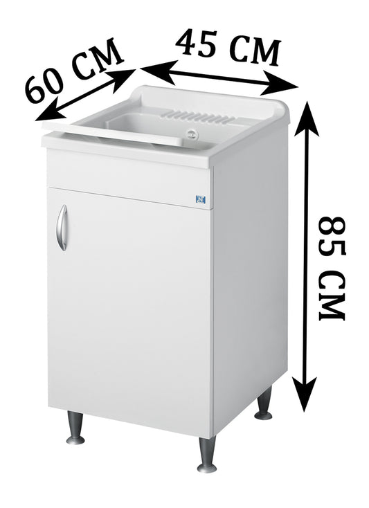 Negrari Eco Bianco Lavatoio Misura 45x60 L45 P60 H85 CM Lavapanni Interno Bagno Lavanderia Base Nobilitato Idrofugo Legno Vasca Lavabo Lavandino Lavello Resina Plastica Asse PP Sifone Piedini Regolabili Ante Sportelli Battenti Economico Qualità Medio Alta