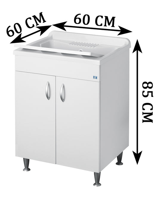 Negrari Eco Lavatoio Bianco Misura 60x60 L60 P60 H85 CM Lavapanni Interno Bagno Lavanderia Base Nobilitato Idrofugo Legno Vasca Lavabo Lavandino Lavello Resina Plastica Asse PP Sifone Piedini Regolabili Ante Sportelli Battenti Economico Qualità Medio Alta