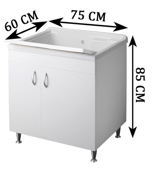 Negrari Eco Bianco Lavatoio Misura 75x60 L75 P60 H85 CM Interno Bagno Lavanderia Base Nobilitato Idrofugo Legno Vasca Intera Grande Lavandino Lavello Resina Plastica Asse PP Sifone Piedini Regolabili Ante Sportelli Battenti Economico Qualità Medio Alta