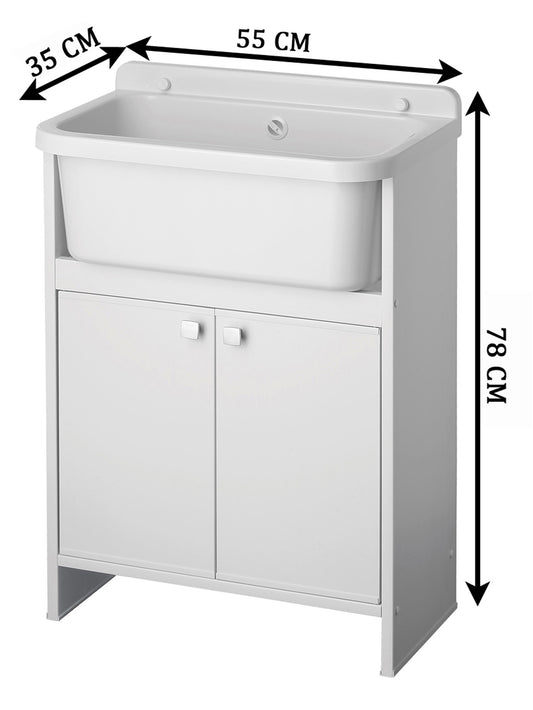 Negrari Pancrazio Mobile Lavatoio Lavapanni Misura L55P35H78 55x35 H78 CM Salvaspazio Piccolo Bianco Fornito Kit Montaggio Economico Lavanderia Bagno Ante Sportelli Battenti Interno Esterno Pilozzo Vasca Lavabo Plastica Resina PVC Sifone Resistente Acqua